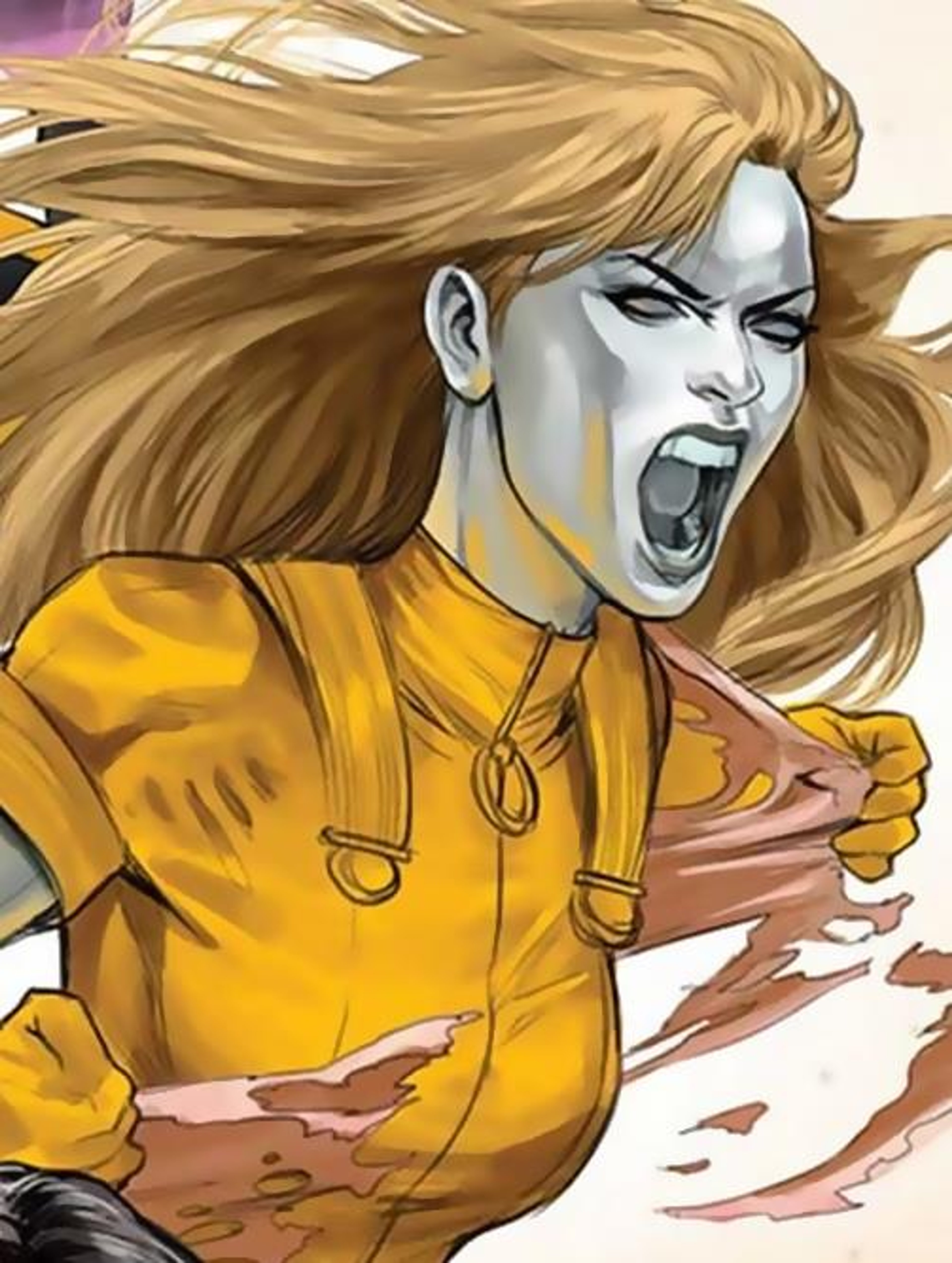 A female mutant superhero character with blonde hair and an intense expression, wearing a torn yellow shirt or jacket.
