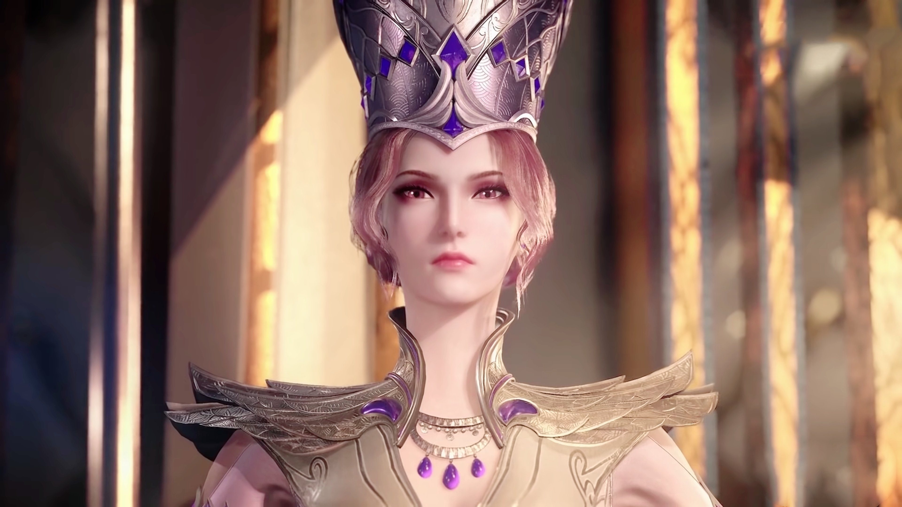 A woman with pink hair and eyes wearing an elaborate headdress and ornate clothing