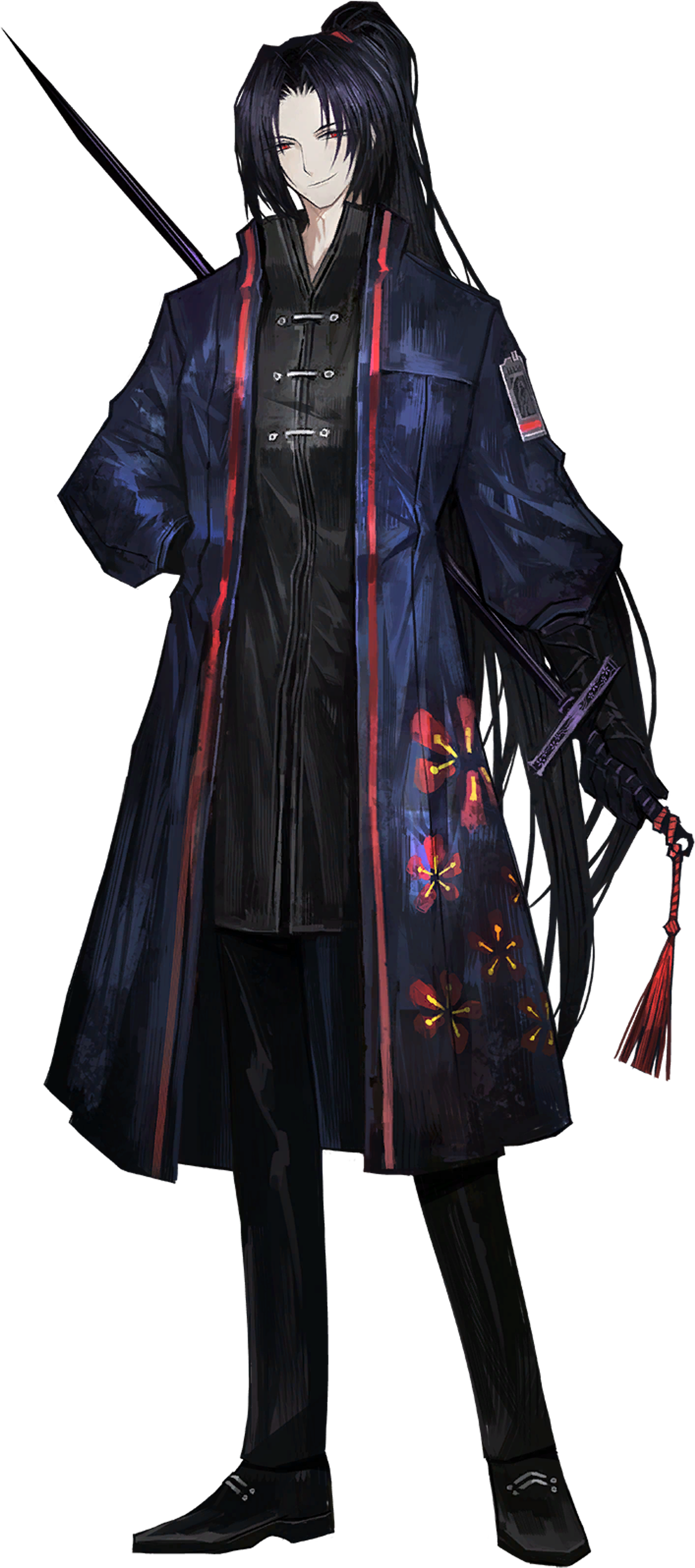 A man with violet hair and red eyes wearing a navy blue uniform with red accents, holding a purple sword or blade.