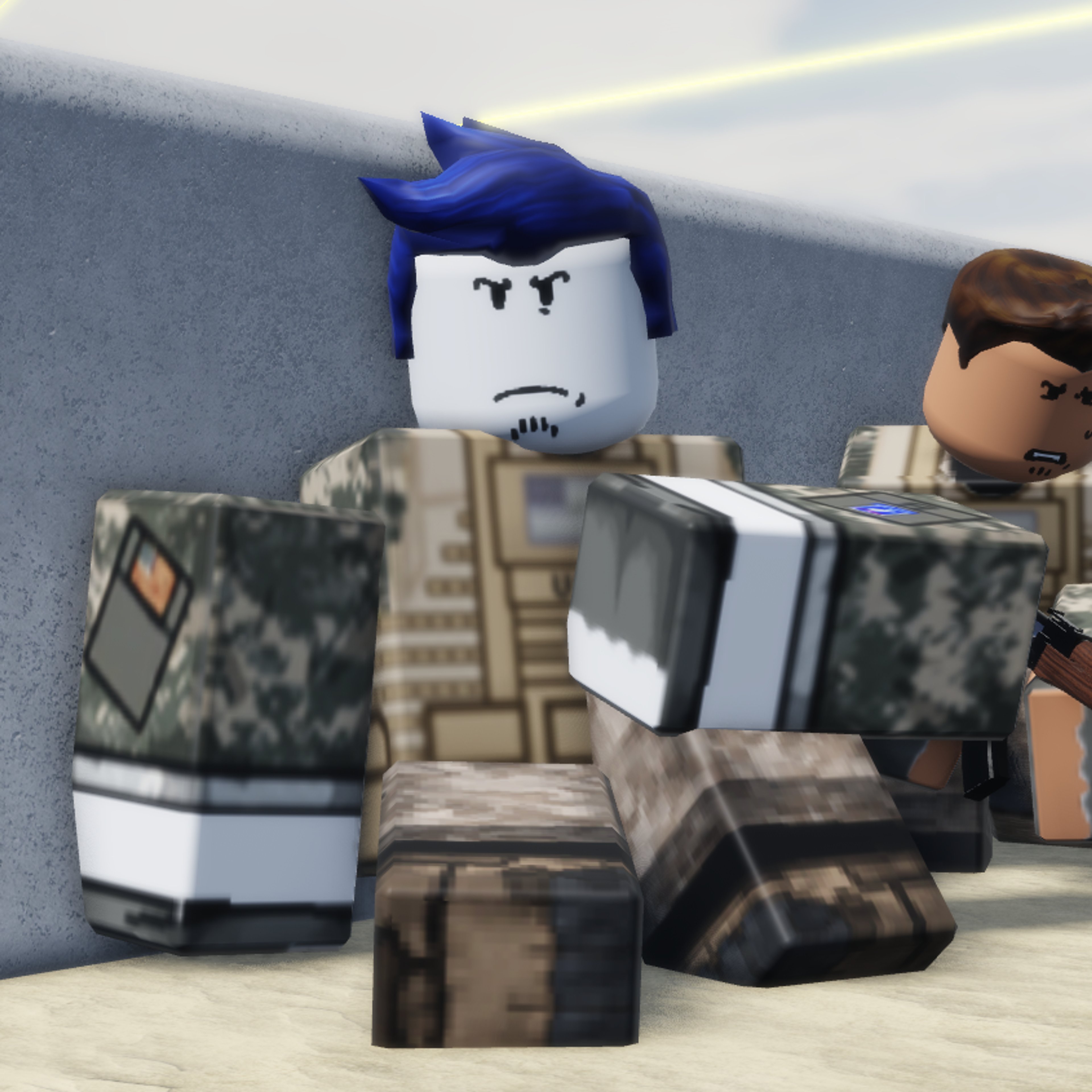 A military-style character with tactical gear and a weapon, in a combat setting.