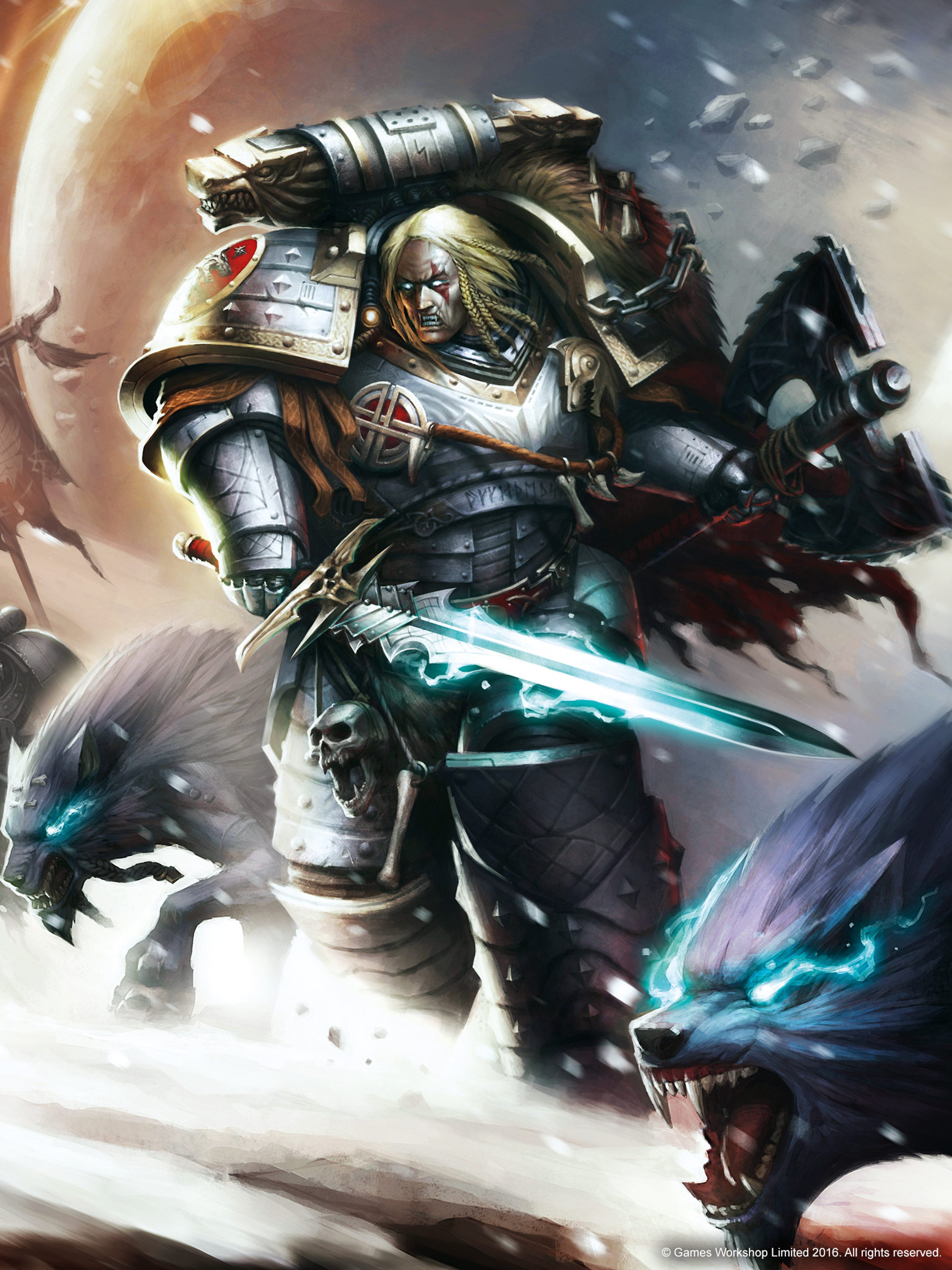 A powerful, armored warrior from the Warhammer 40k universe