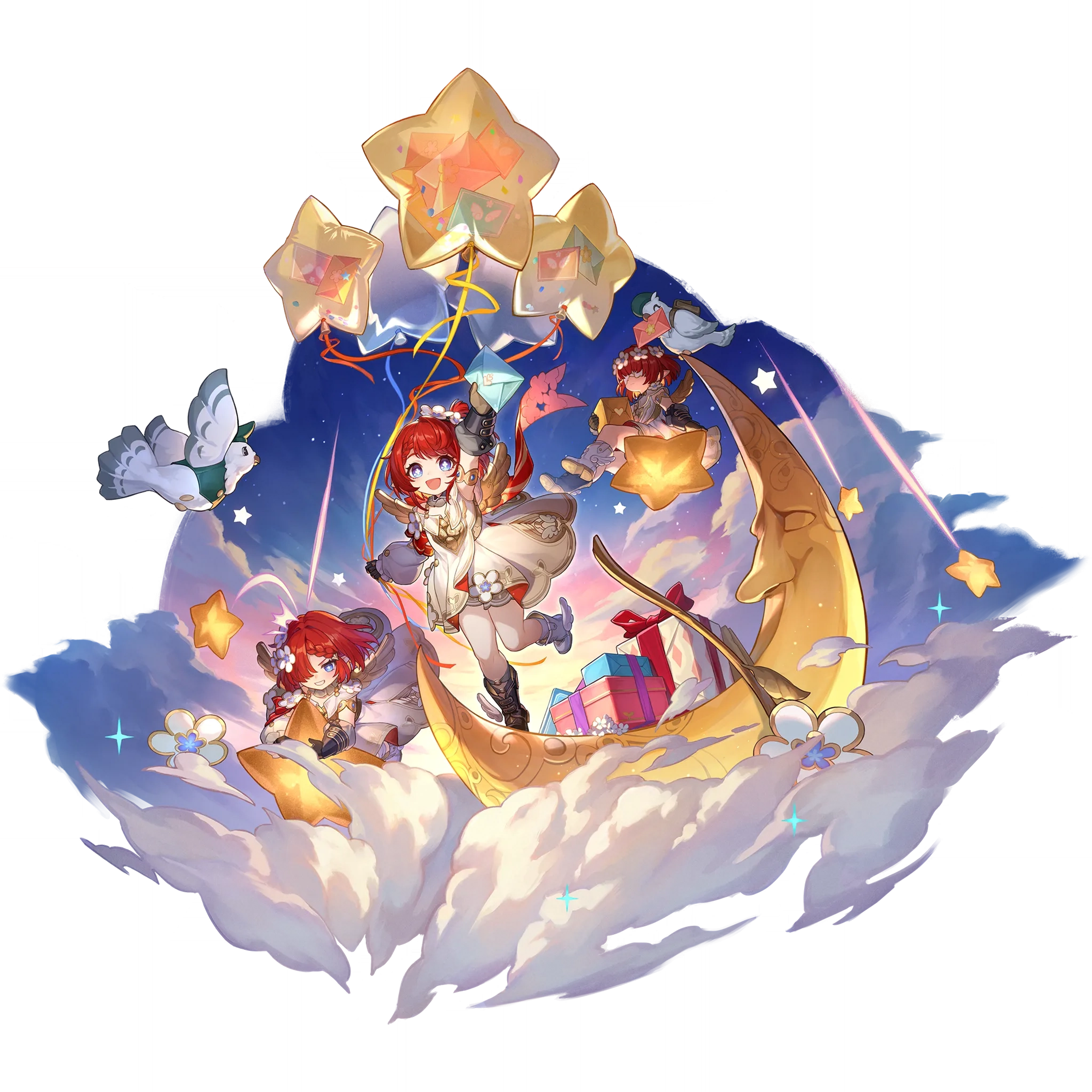 A fantastical character named Tribbie, a young woman with long red hair surrounded by celestial imagery and floating objects, giving her an otherworldly, divine presence.