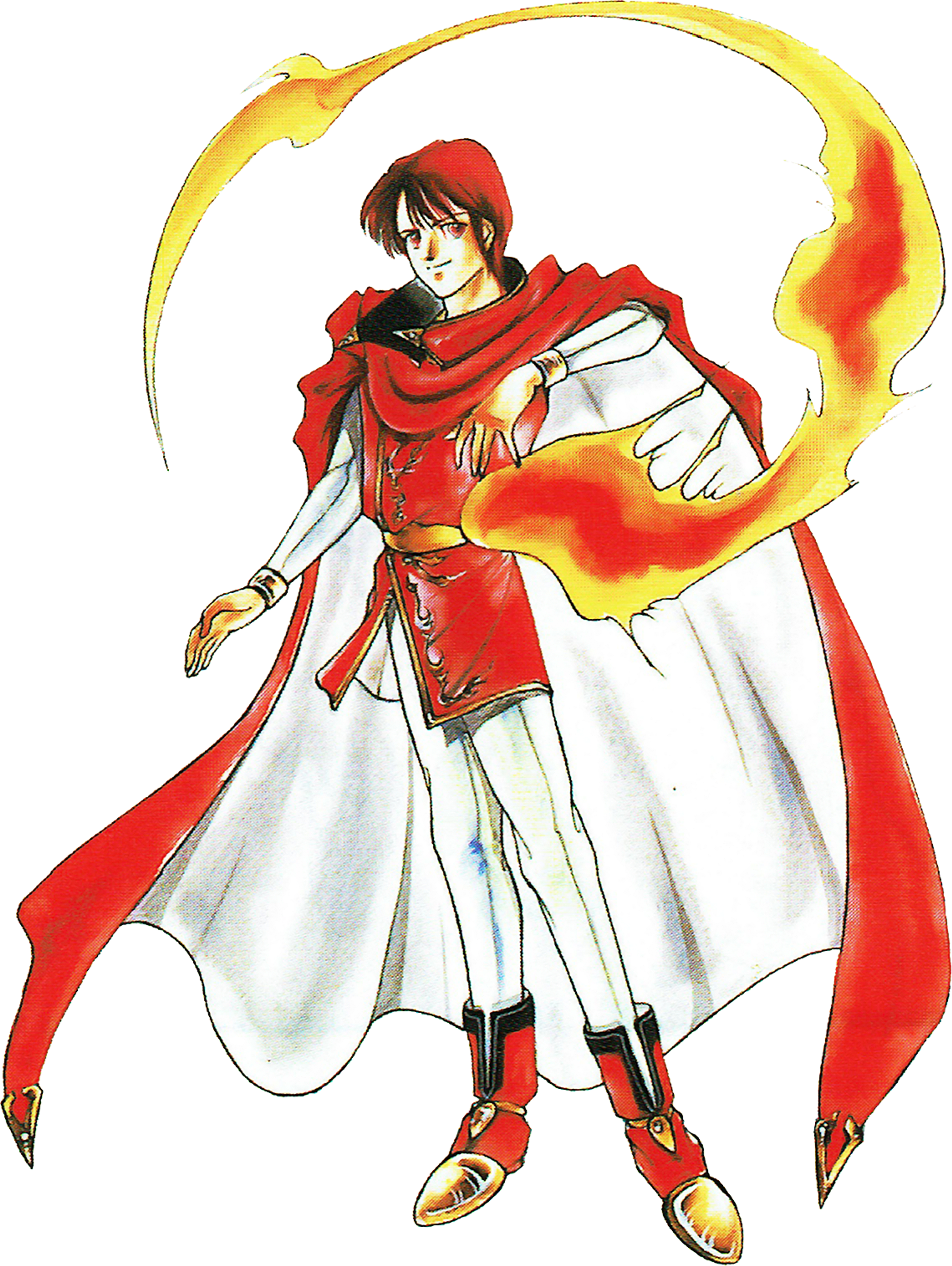A young man in fantasy warrior attire with a red cape and white clothing, wielding magical fire powers.