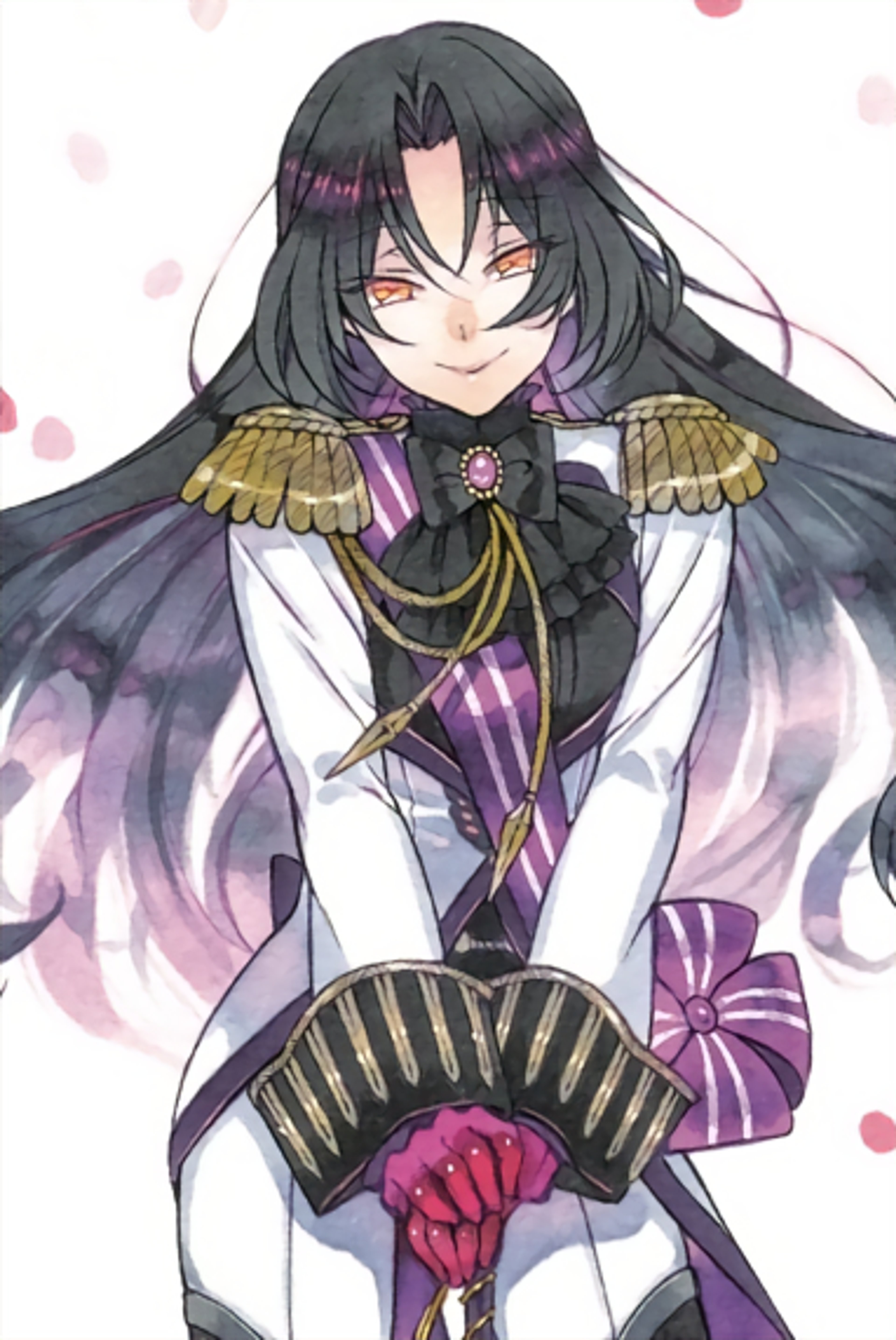 A confident, masculine-presenting female character in a military-style uniform holding a sword