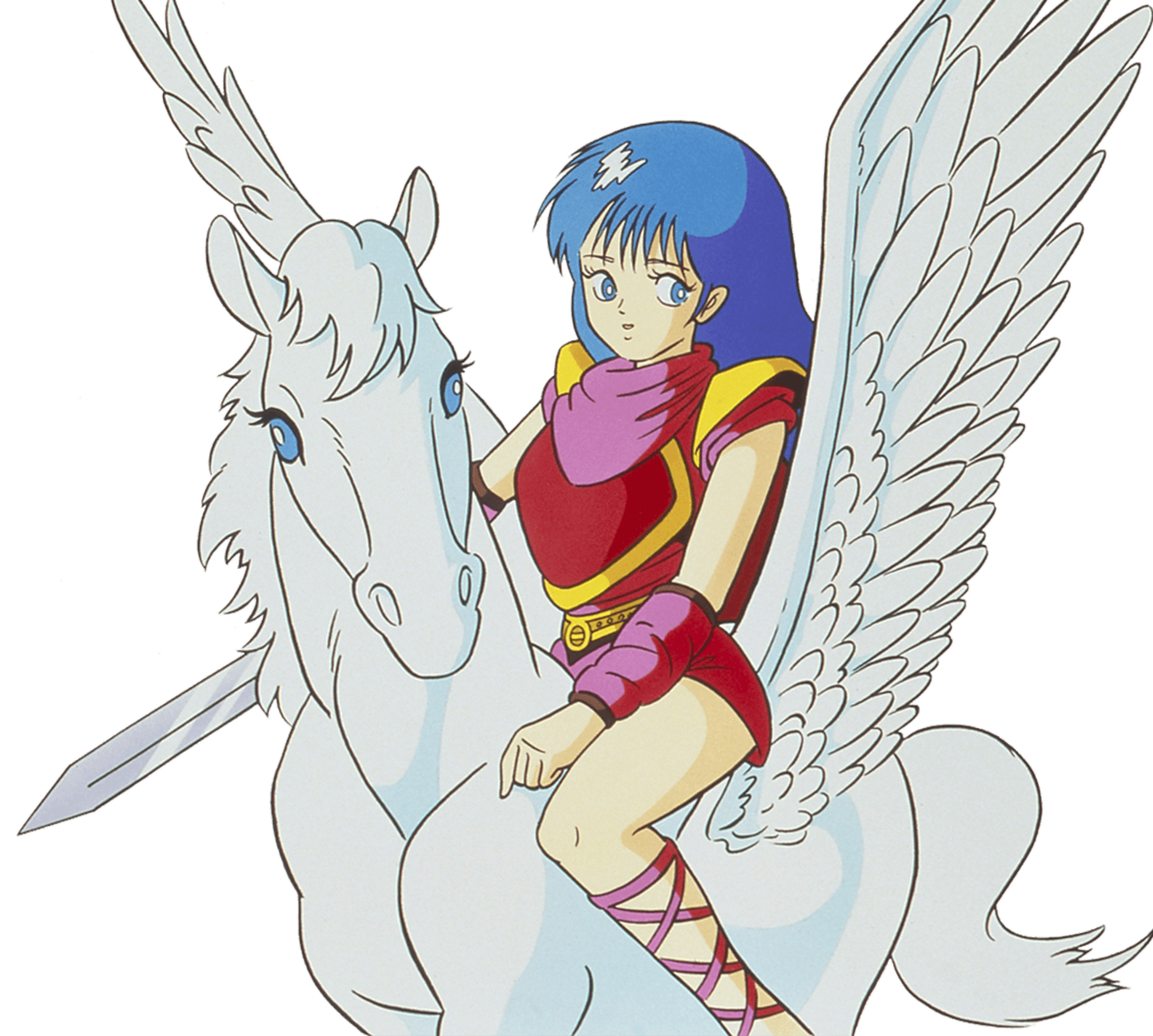 A young woman with blue hair and wings riding a white winged horse