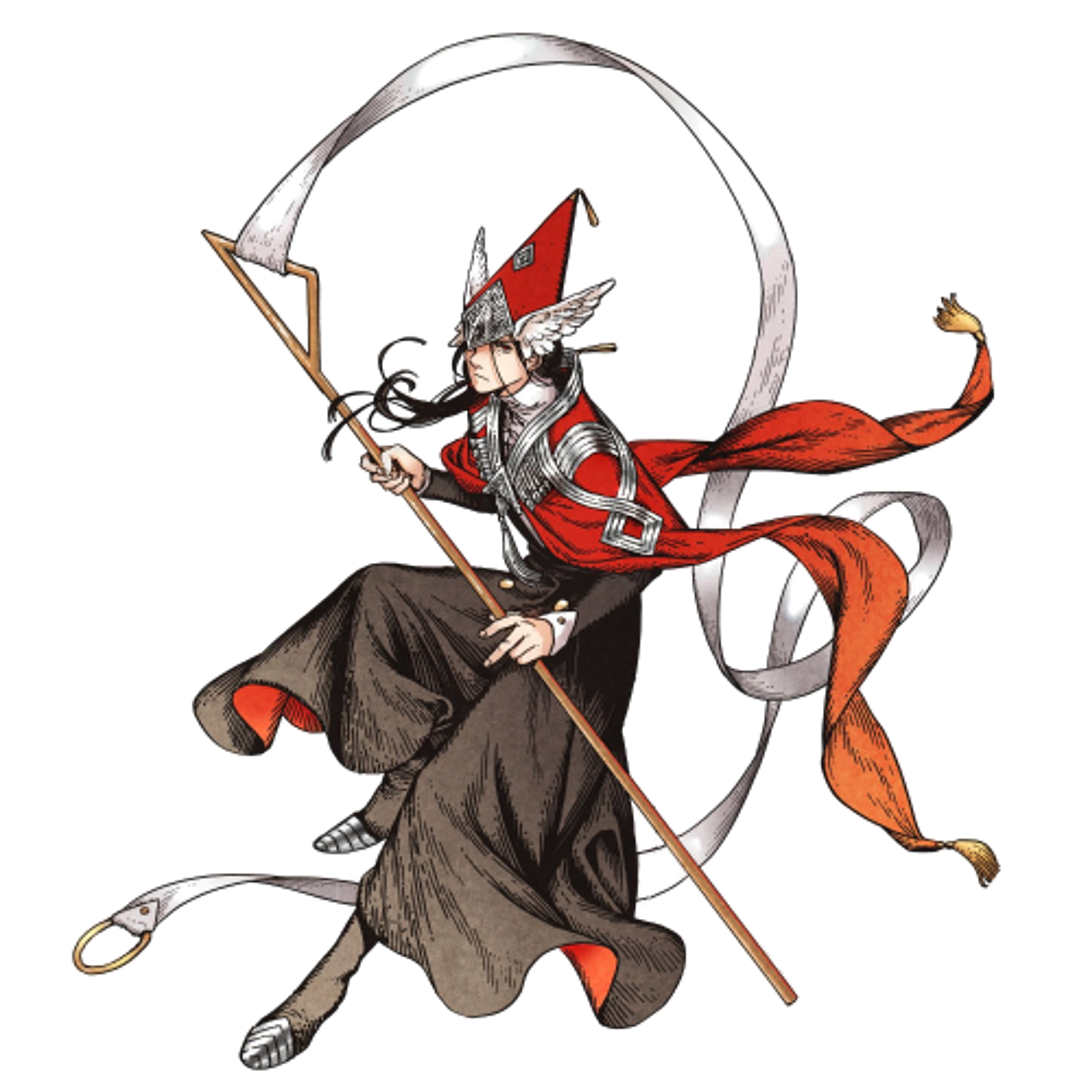 A stern-looking knight character in red and black clothing, wielding a staff or weapon.