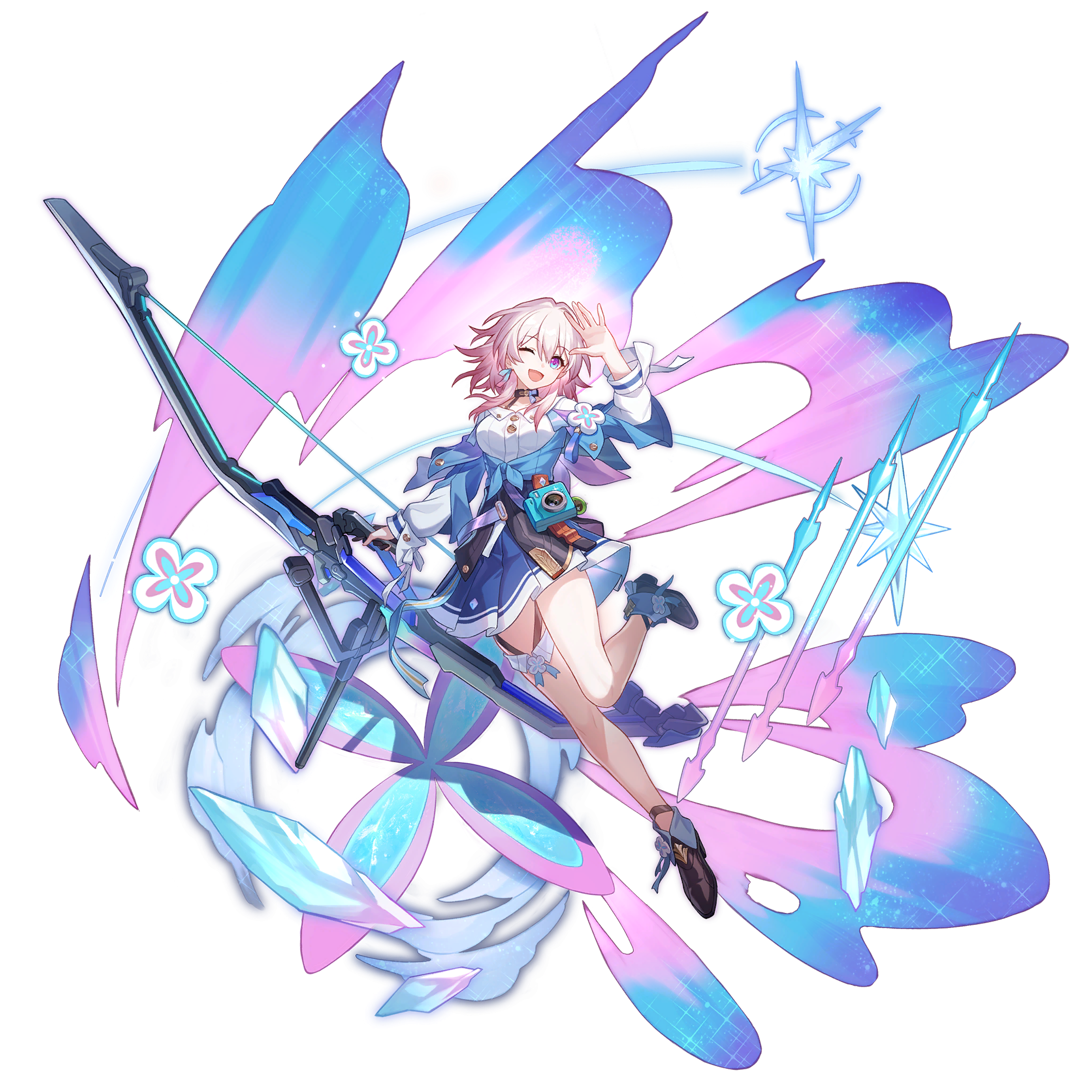 A young woman with light-colored hair surrounded by swirling ice crystals and energy effects, suggesting she has the ability to manipulate ice.