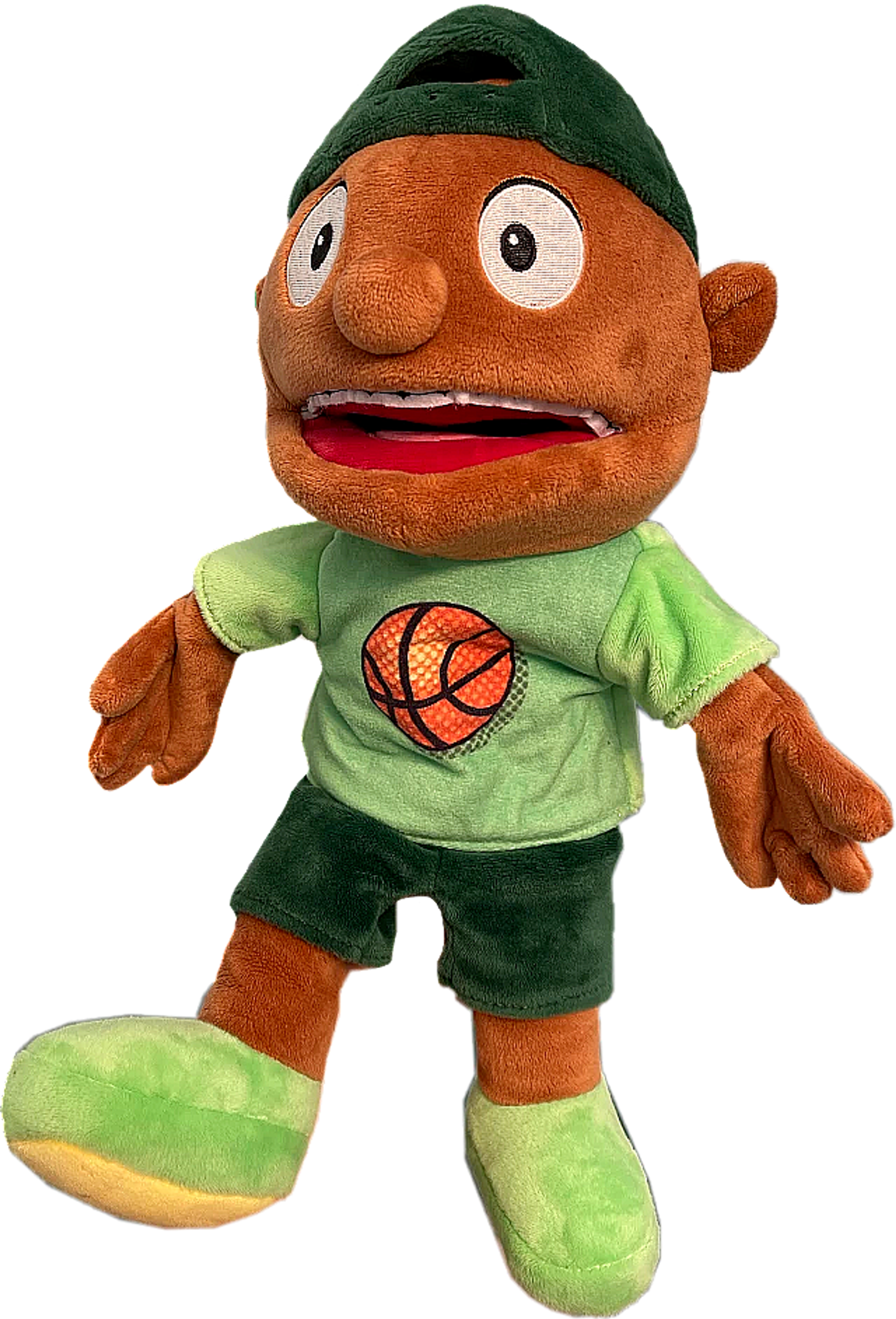 A plush toy of an anthropomorphic character with an orange face, large eyes, and a green hat and shirt.