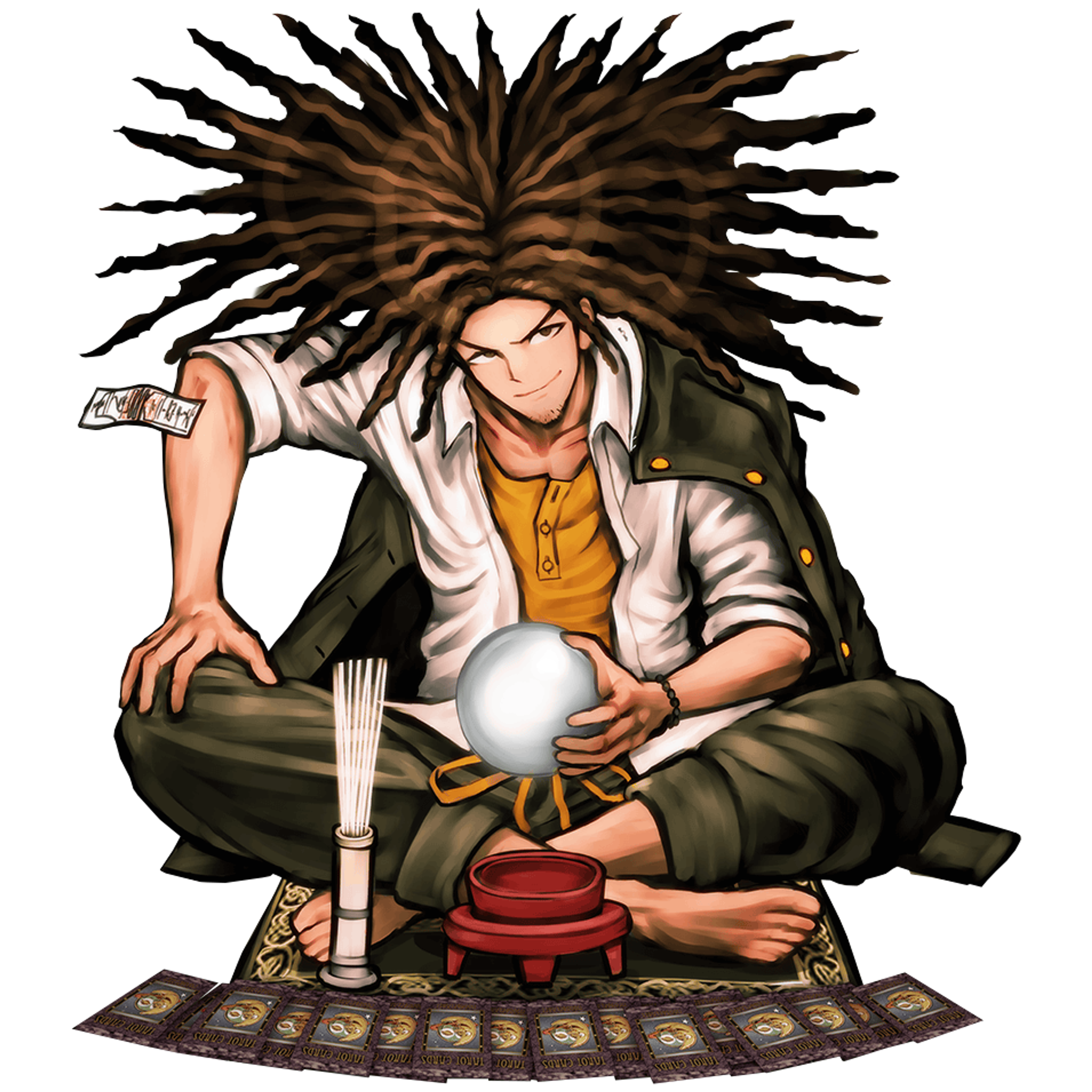 A character with wild, spiky hair sitting on the ground holding a crystal ball or orb