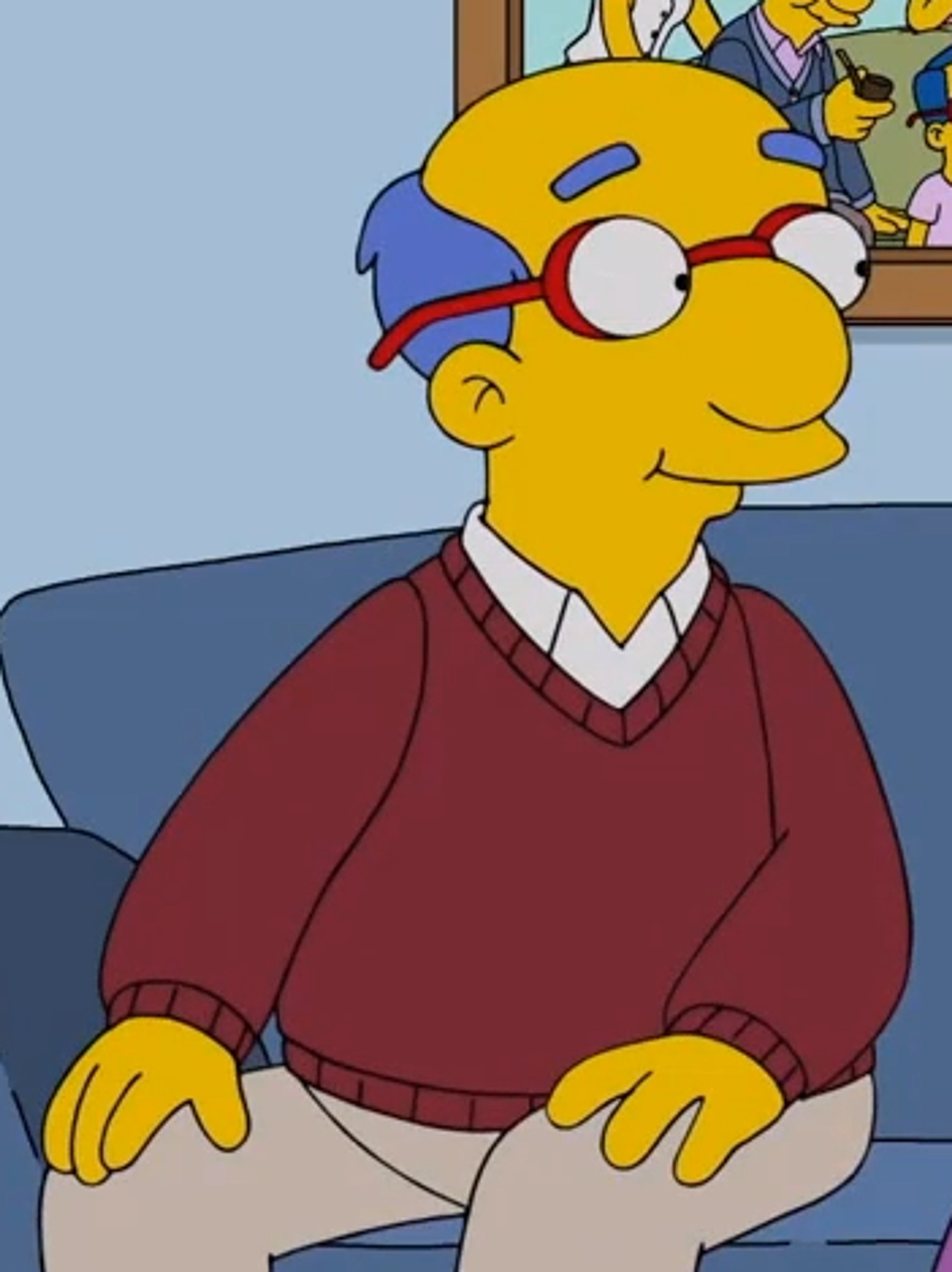 A middle-aged, balding man with a blue hairstyle and a defeated posture, wearing a red sweater.