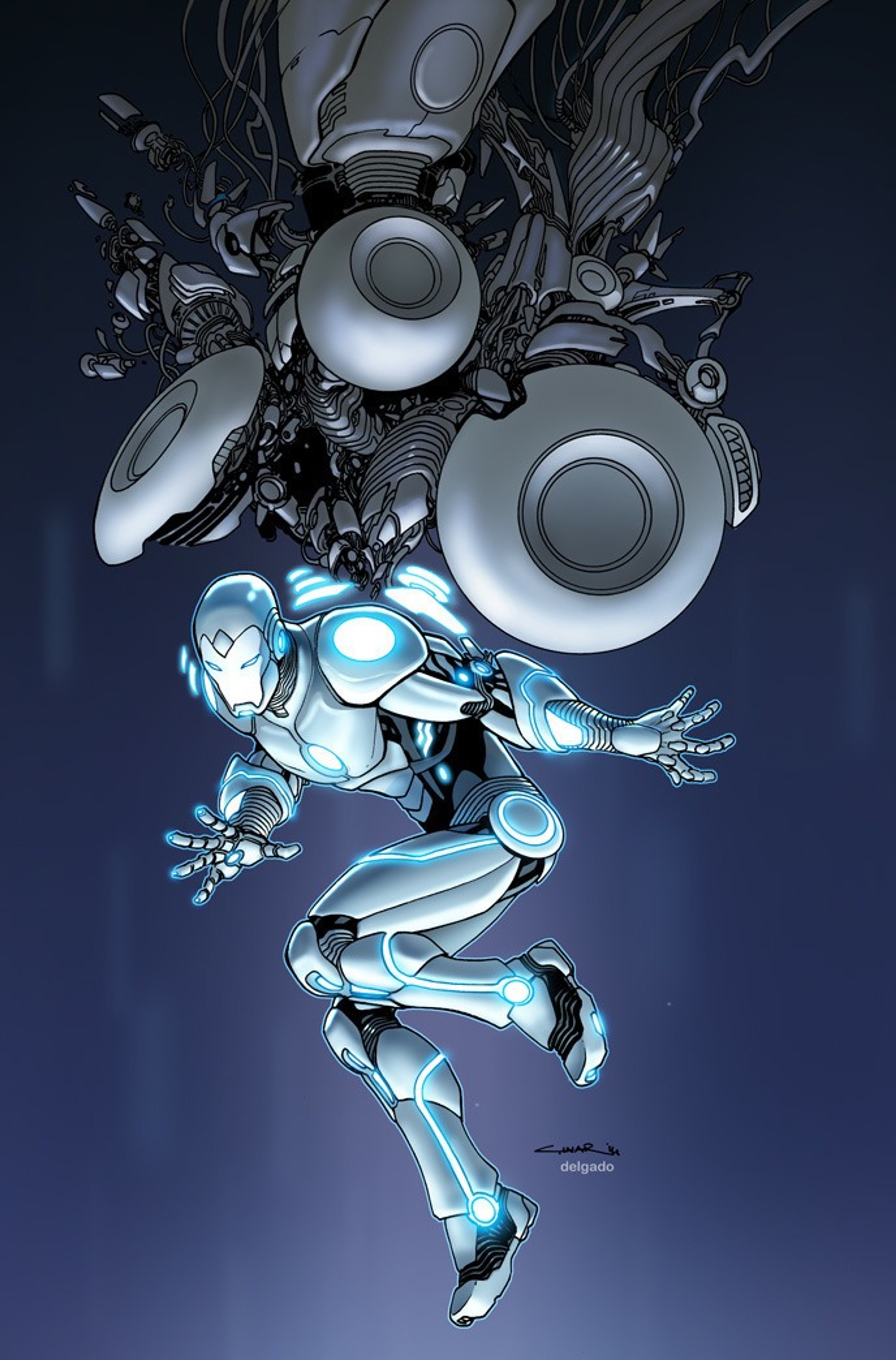 A powerful, technologically advanced robotic character in a dynamic, action-oriented pose.