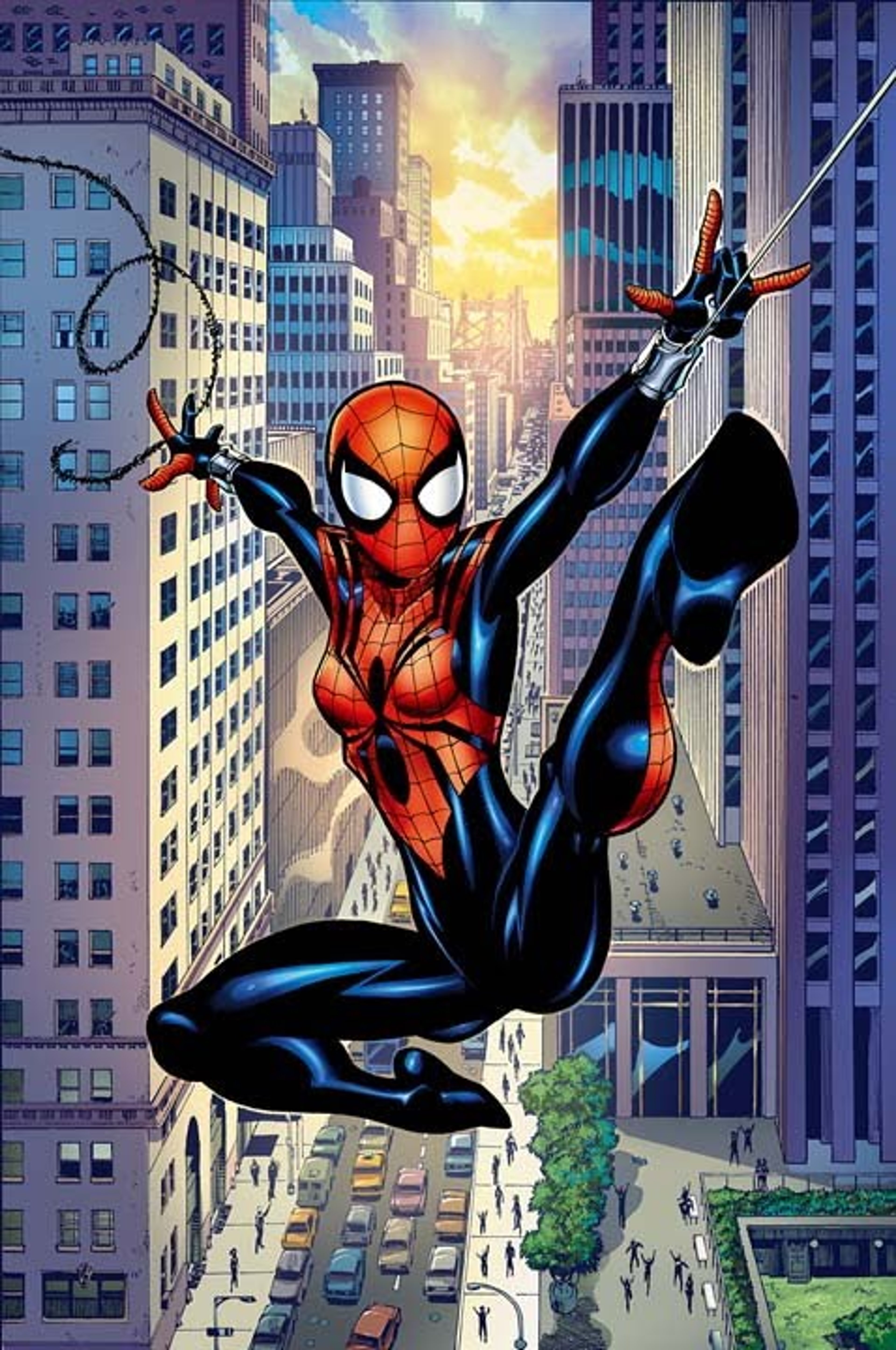 A female superhero character in a red and blue costume web-slinging through the air above a city