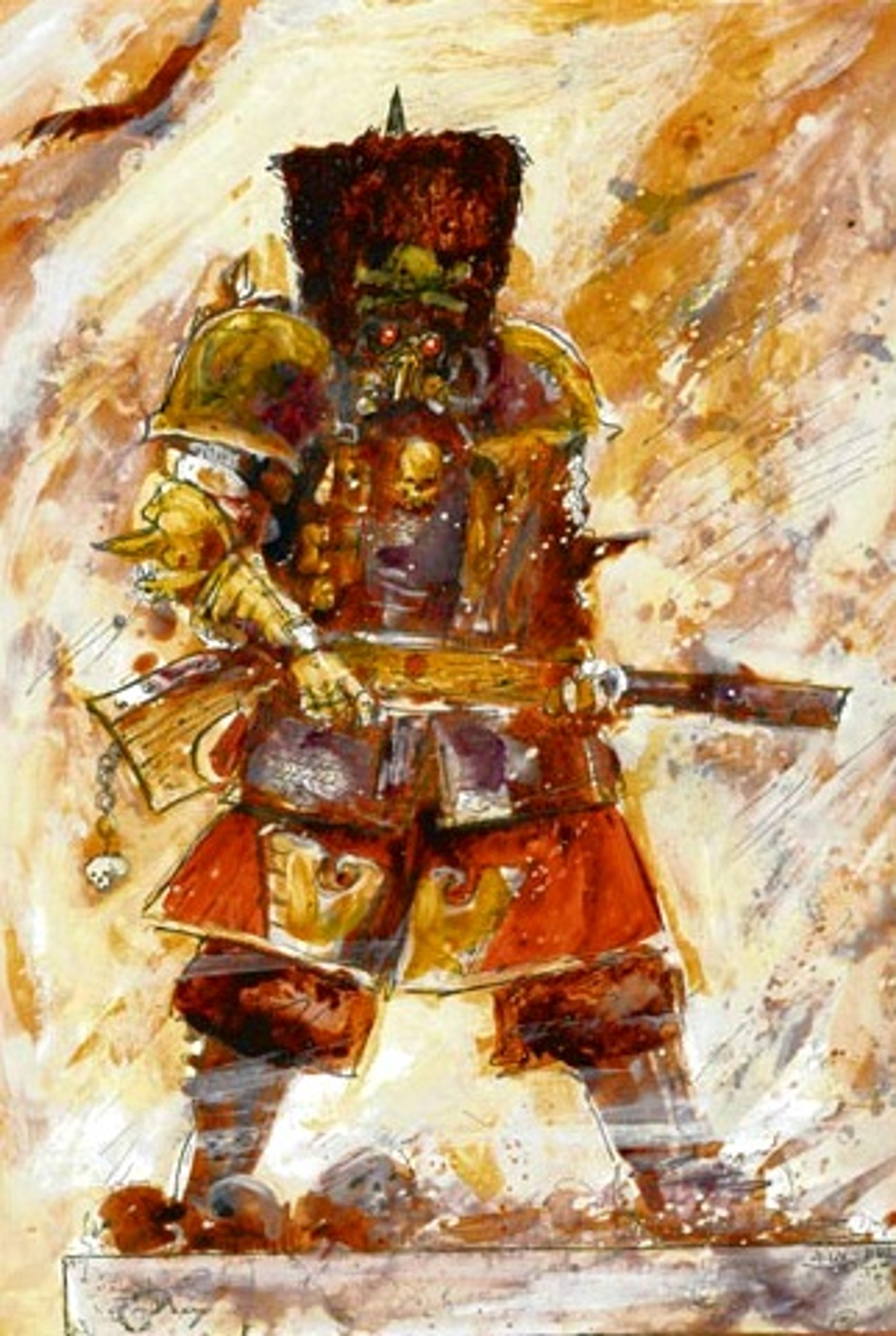 A heavily armored military figure in a red and gold uniform, holding a large weapon.