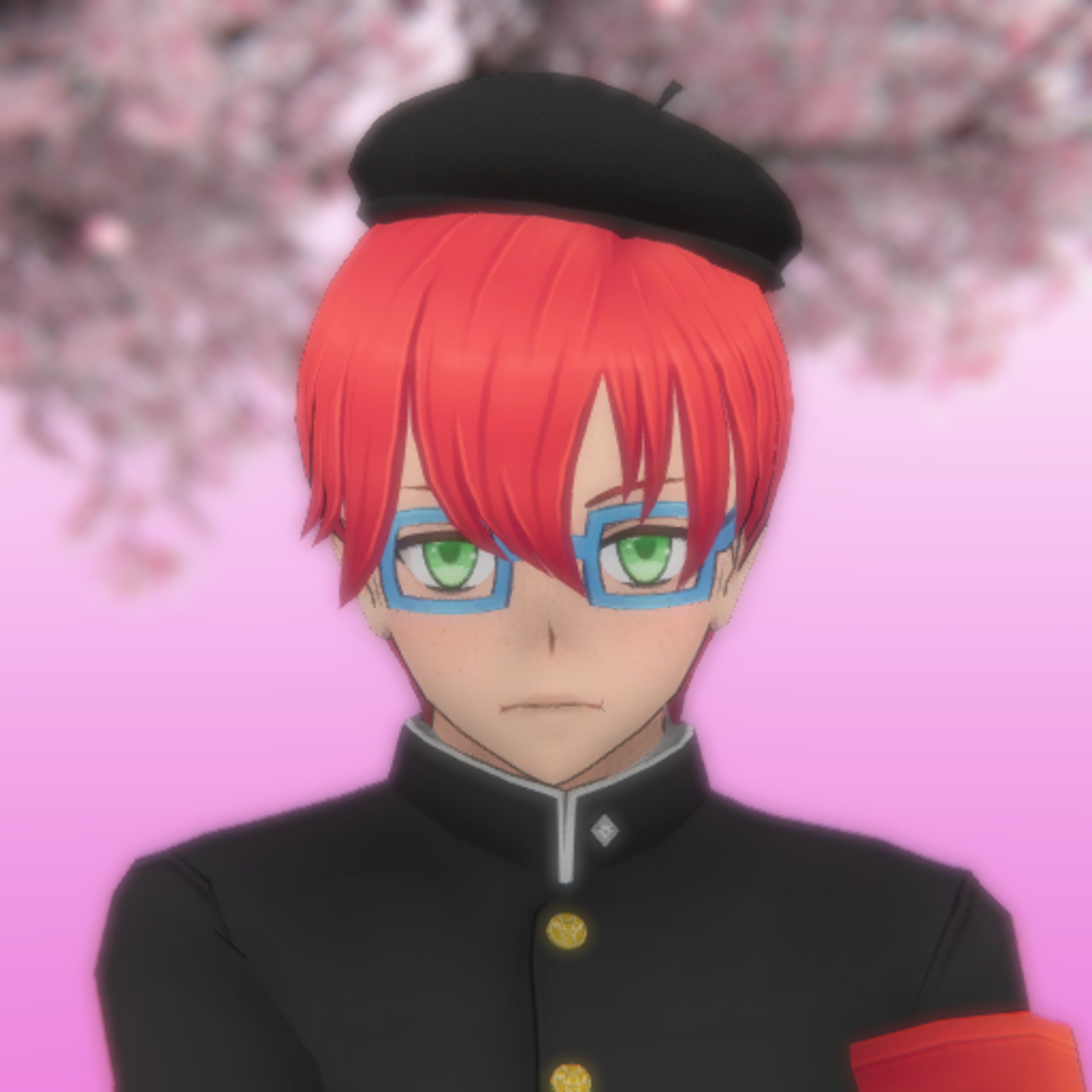 A young man with red hair, green eyes, and freckles wearing a school uniform with a paint-splattered smock and a black beret.