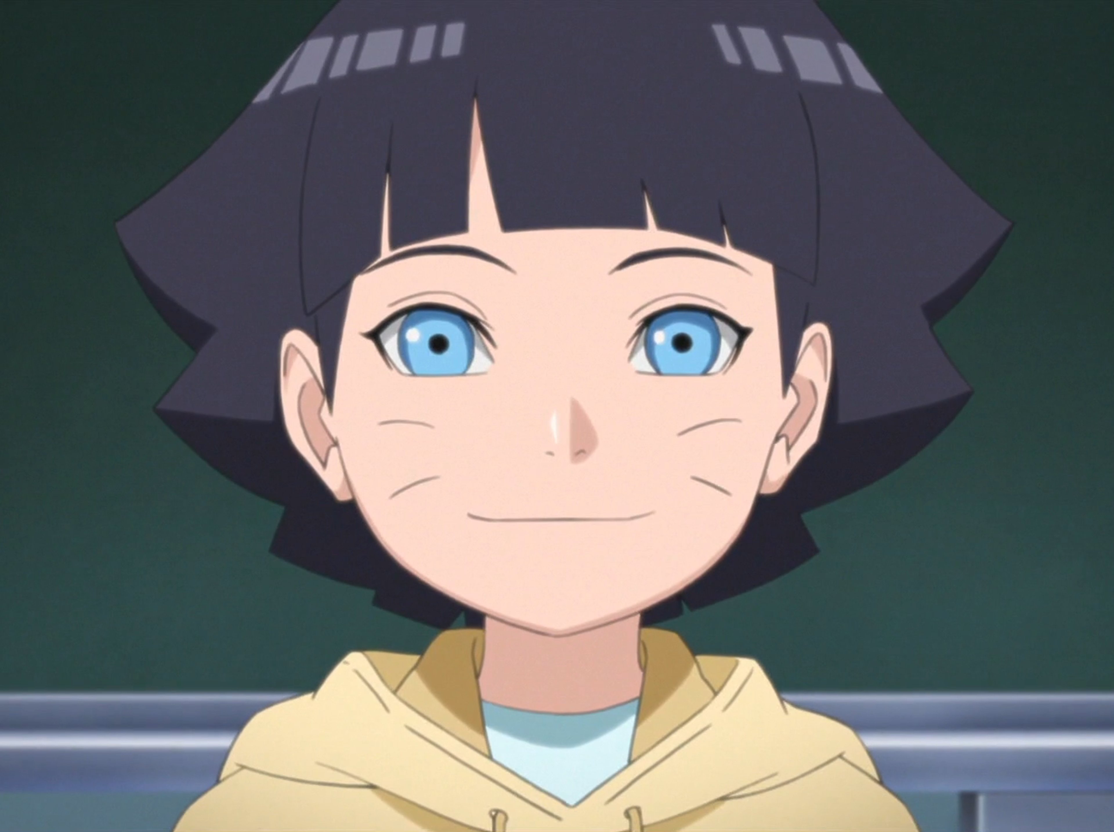 An anime-style character with blue eyes and dark hair, wearing a yellow shirt and having a gentle expression.
