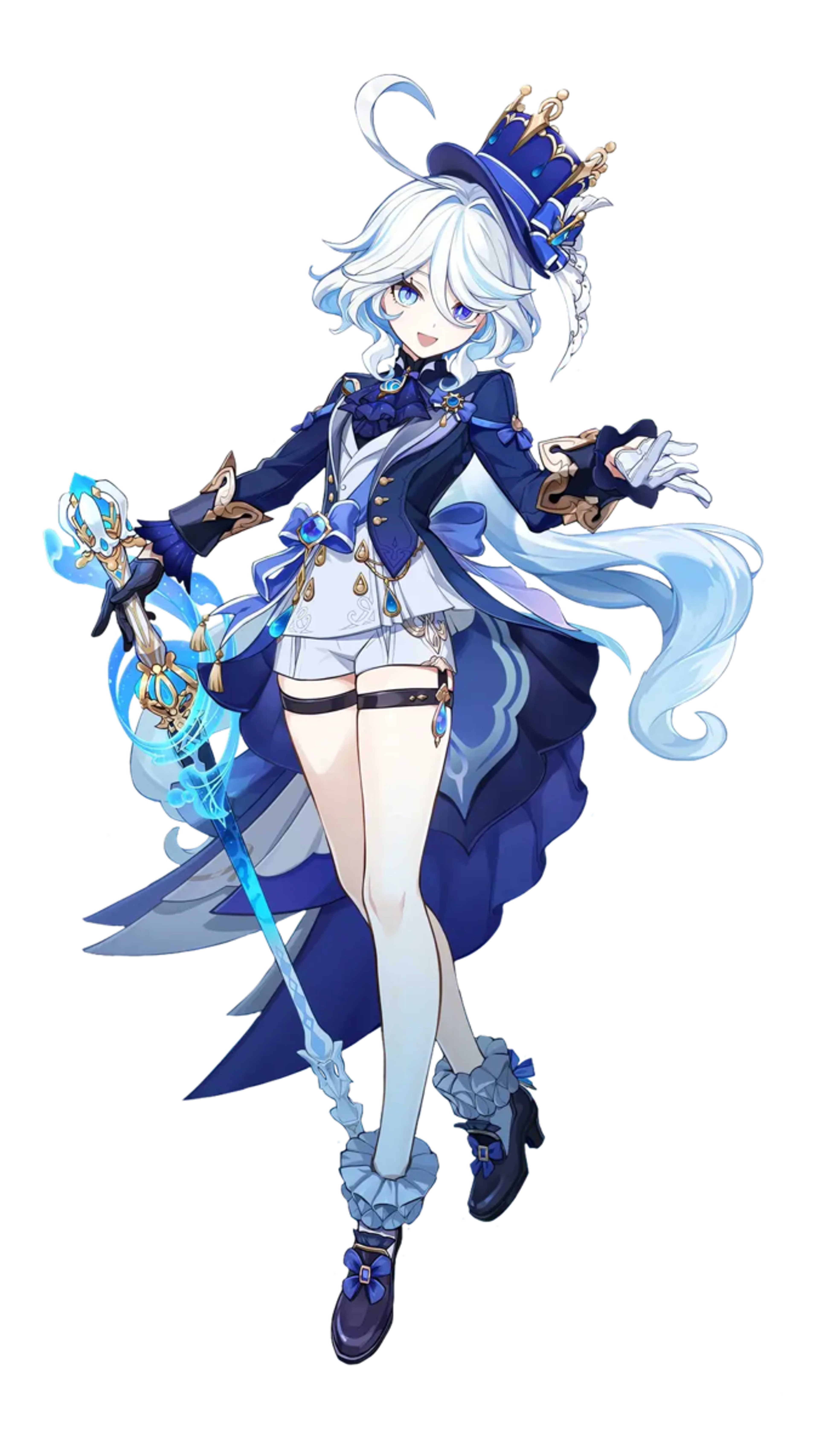 A detailed anime-style character with heterochromic eyes, flowing white hair, and a dramatic blue and white outfit.