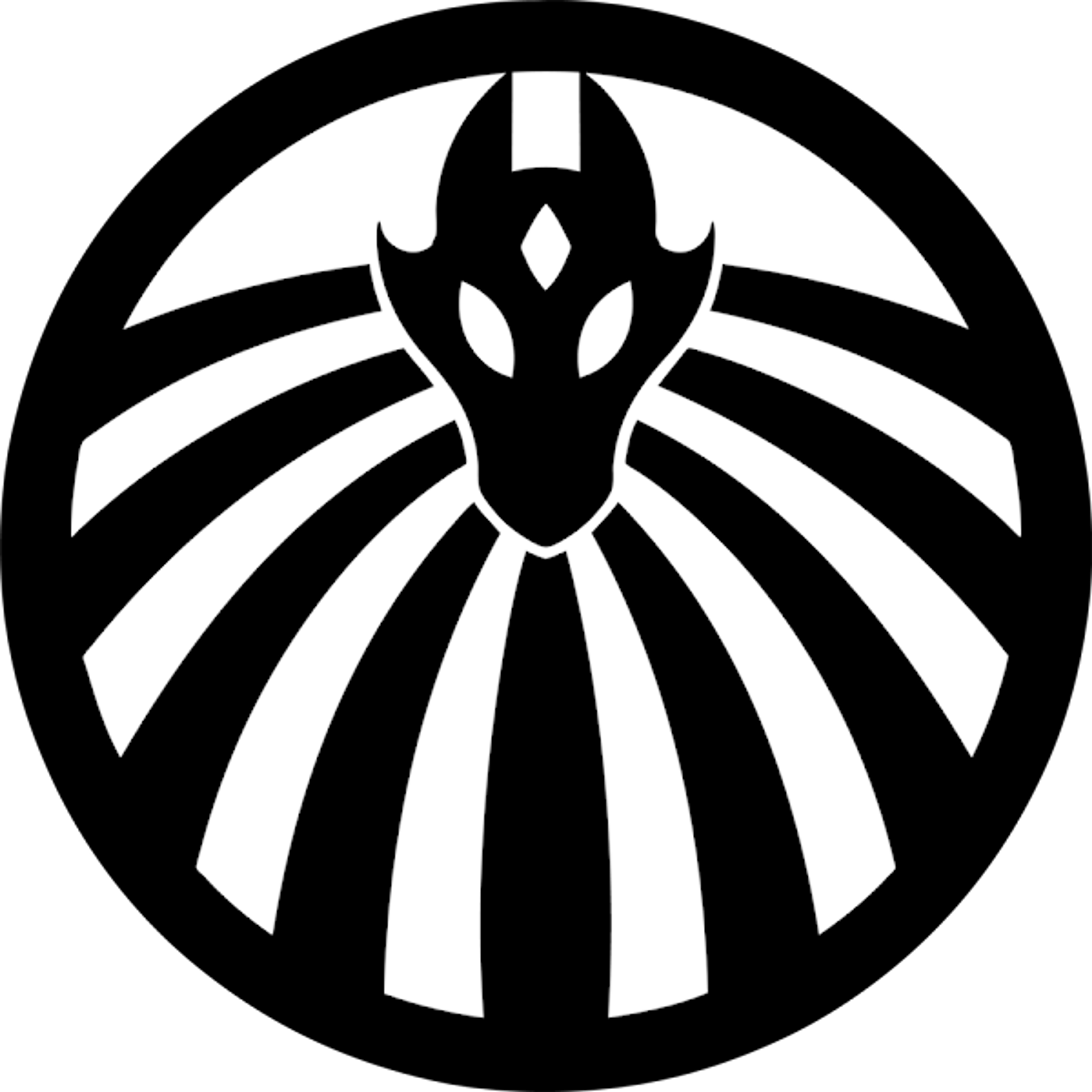 A stylized black and white logo or emblem featuring a masked, angular figure with radiating lines or wings.