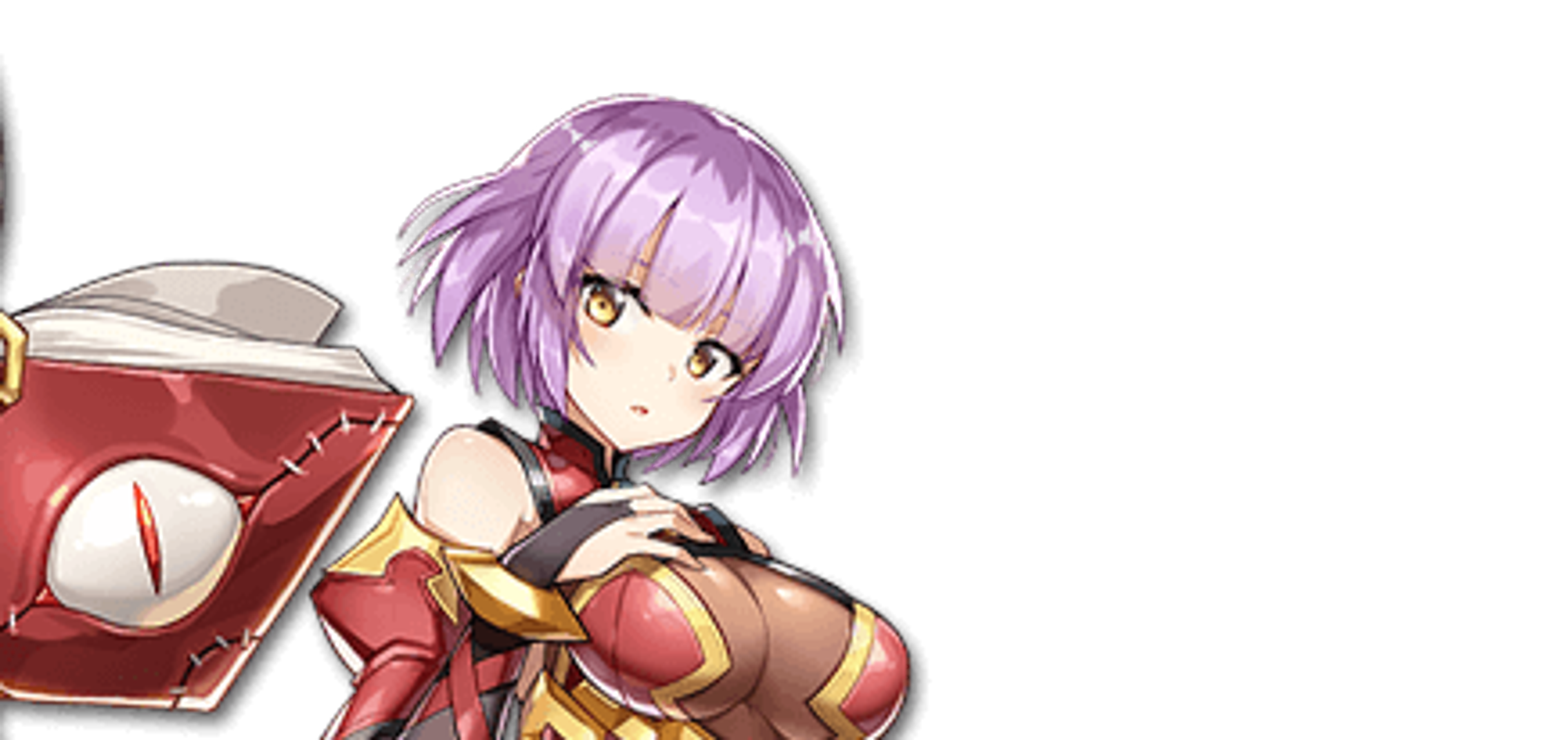 A young female homunculus character with purple hair wearing a red and gold outfit