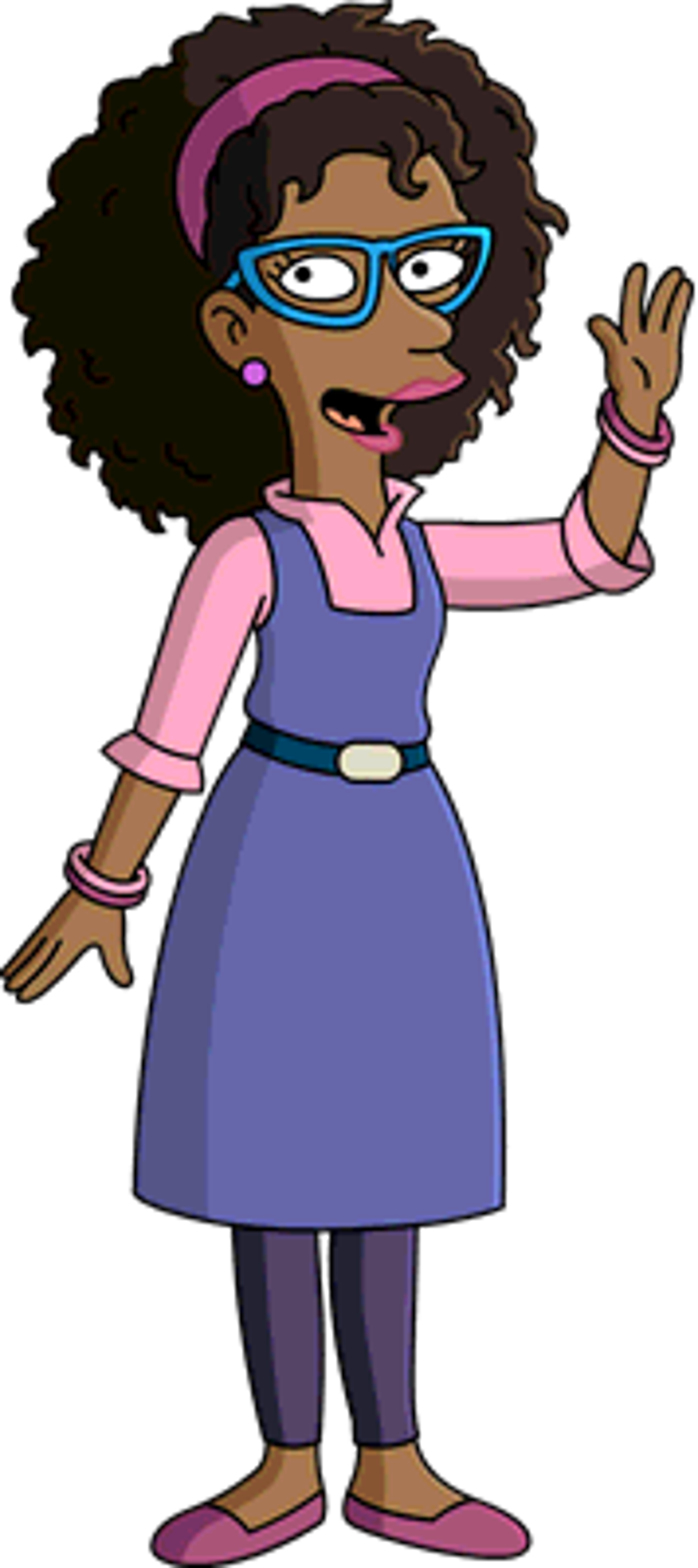 A cartoon character of a young woman with curly dark hair, glasses, and a pink shirt, gesturing enthusiastically.
