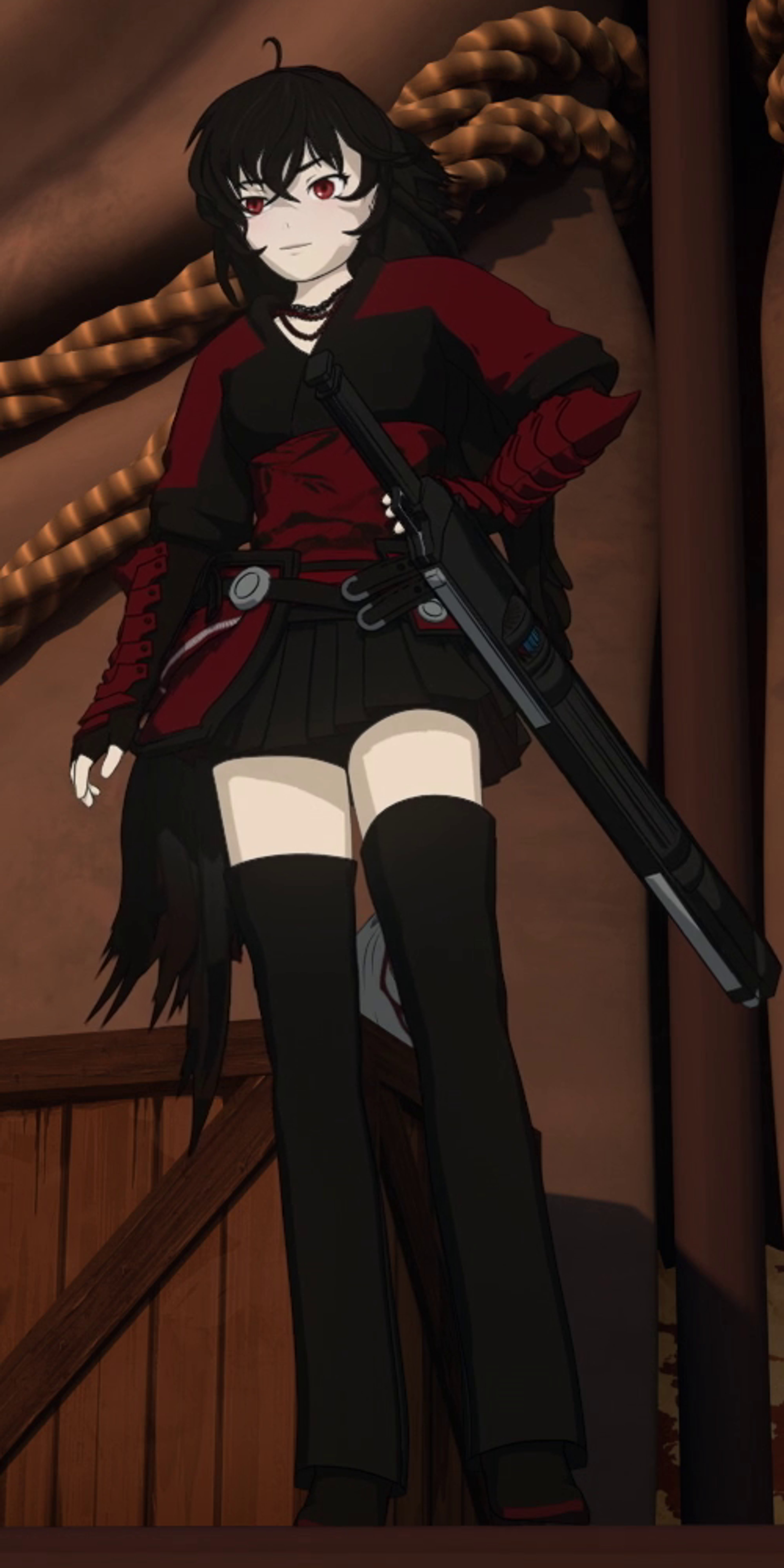 An anime-style character with dark hair wearing a red and black outfit and holding a sword.