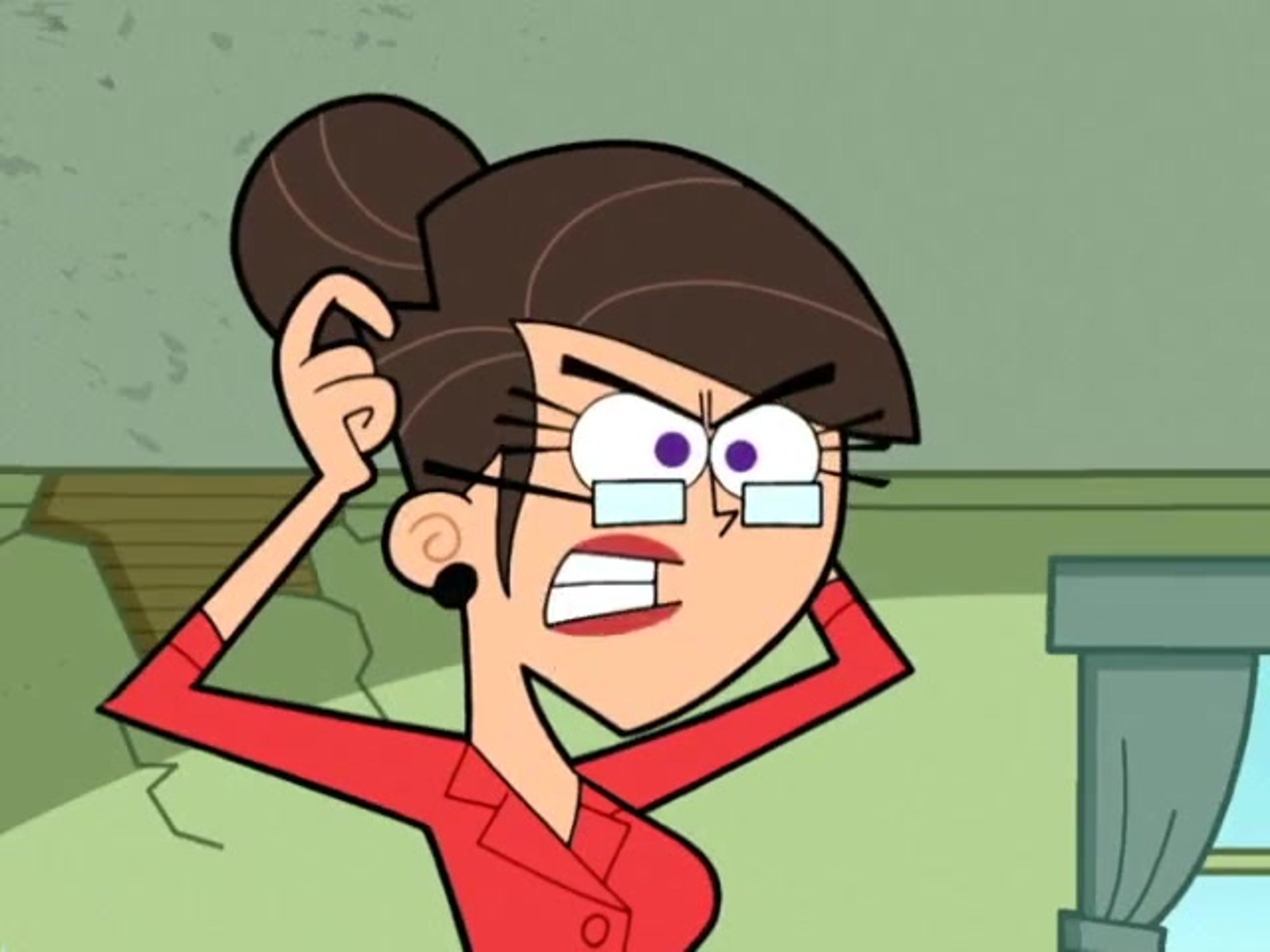 A cartoon character with an eccentric, exaggerated appearance making a frustrated facial expression.