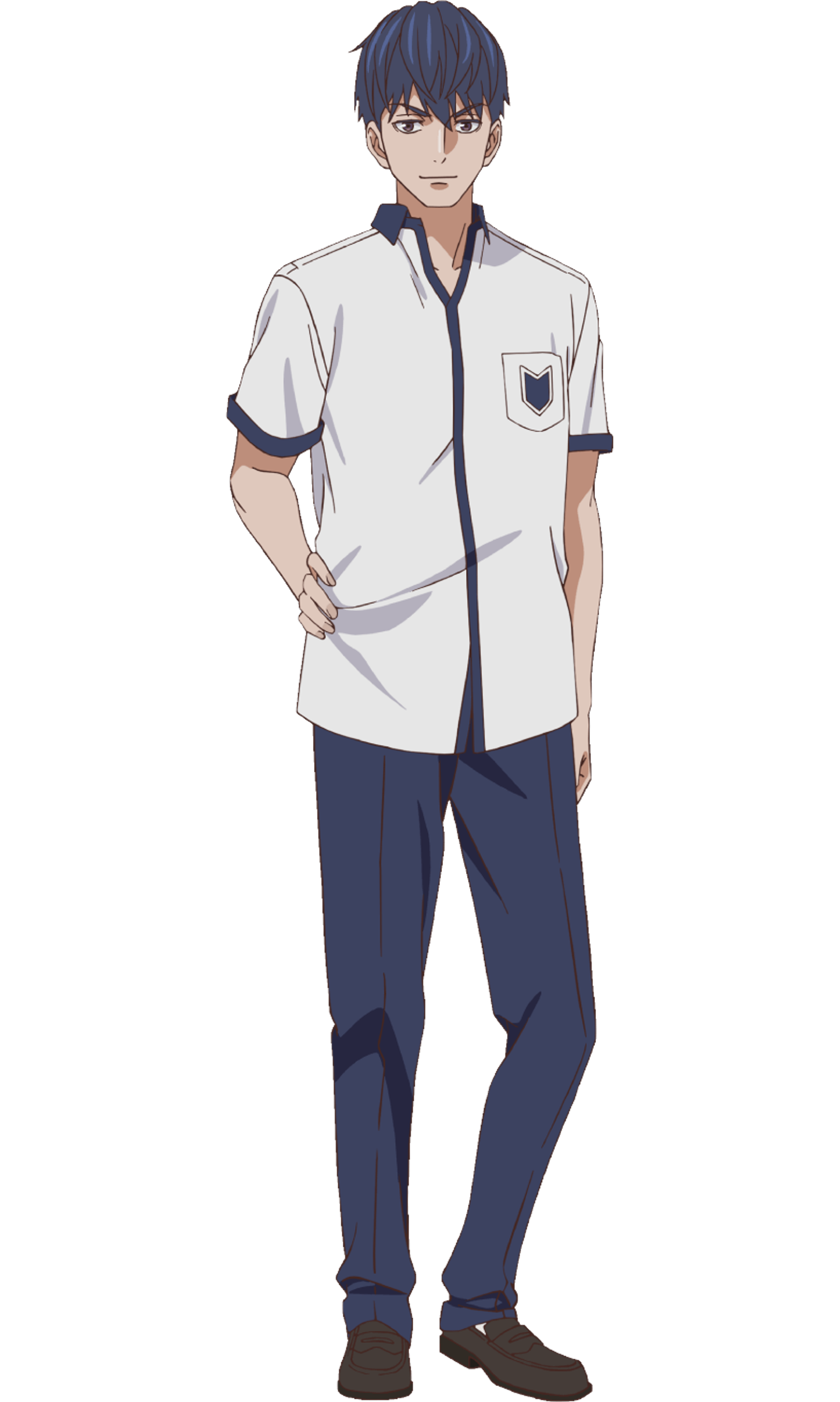 A young man in a white school uniform with a friendly expression