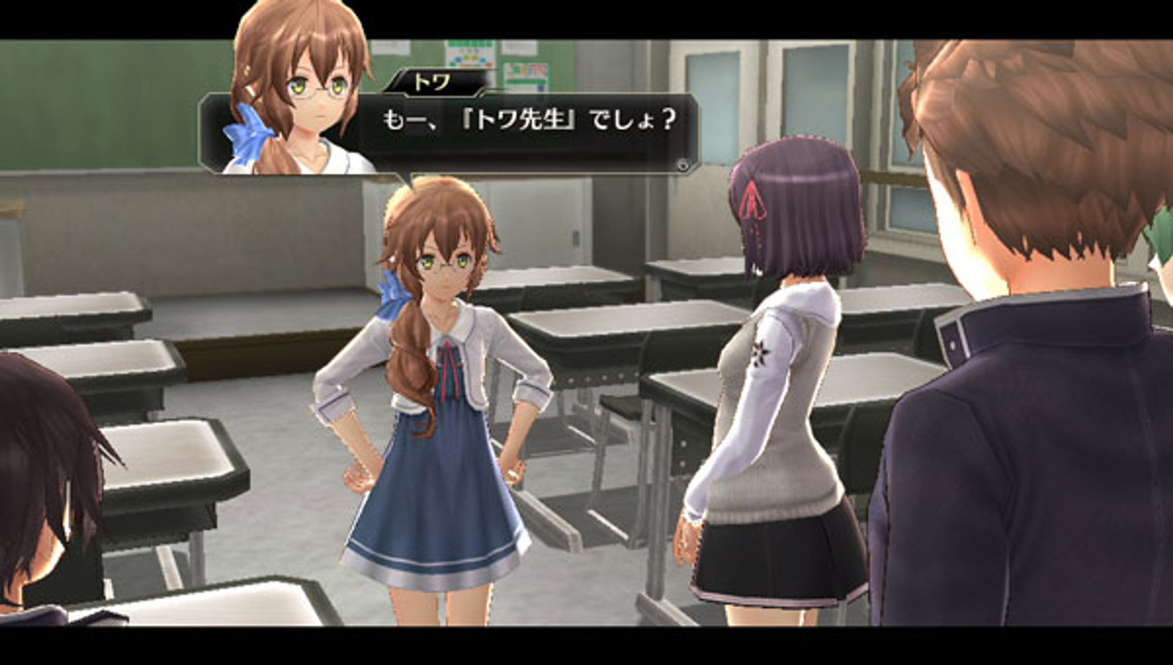 A young woman in a school uniform standing in a classroom