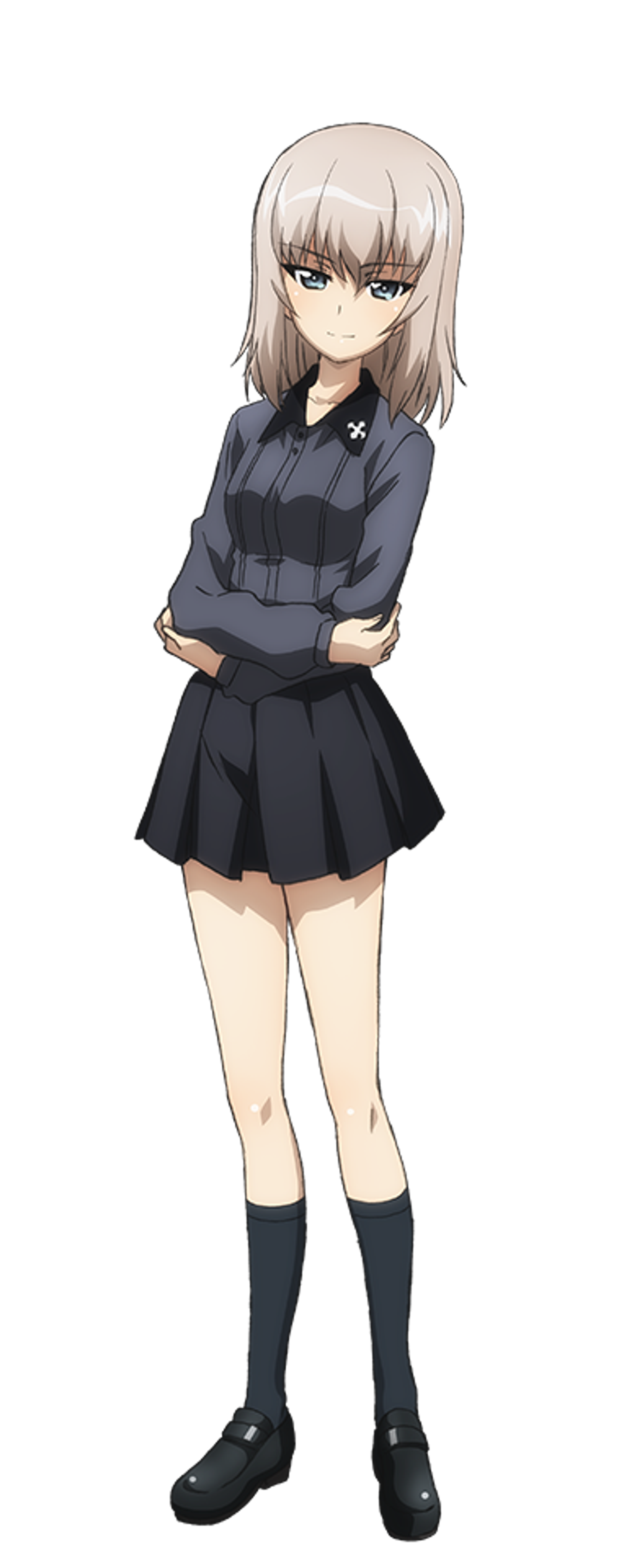 An anime-style character with short blonde hair and a serious expression, wearing a dark gray school uniform.