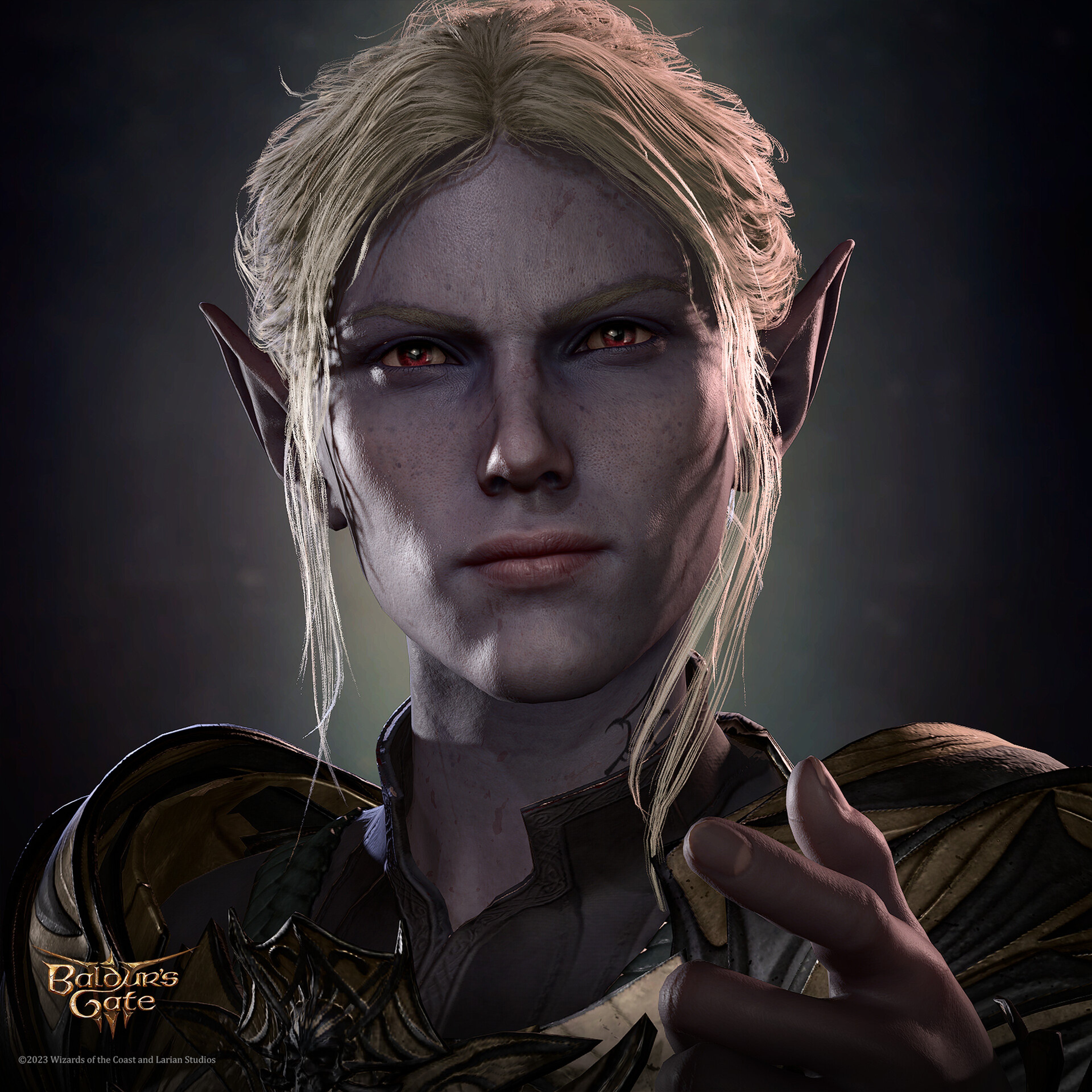 A detailed portrait of a female drow elf character with pale skin, white hair, and glowing red eyes, wearing dark armor.