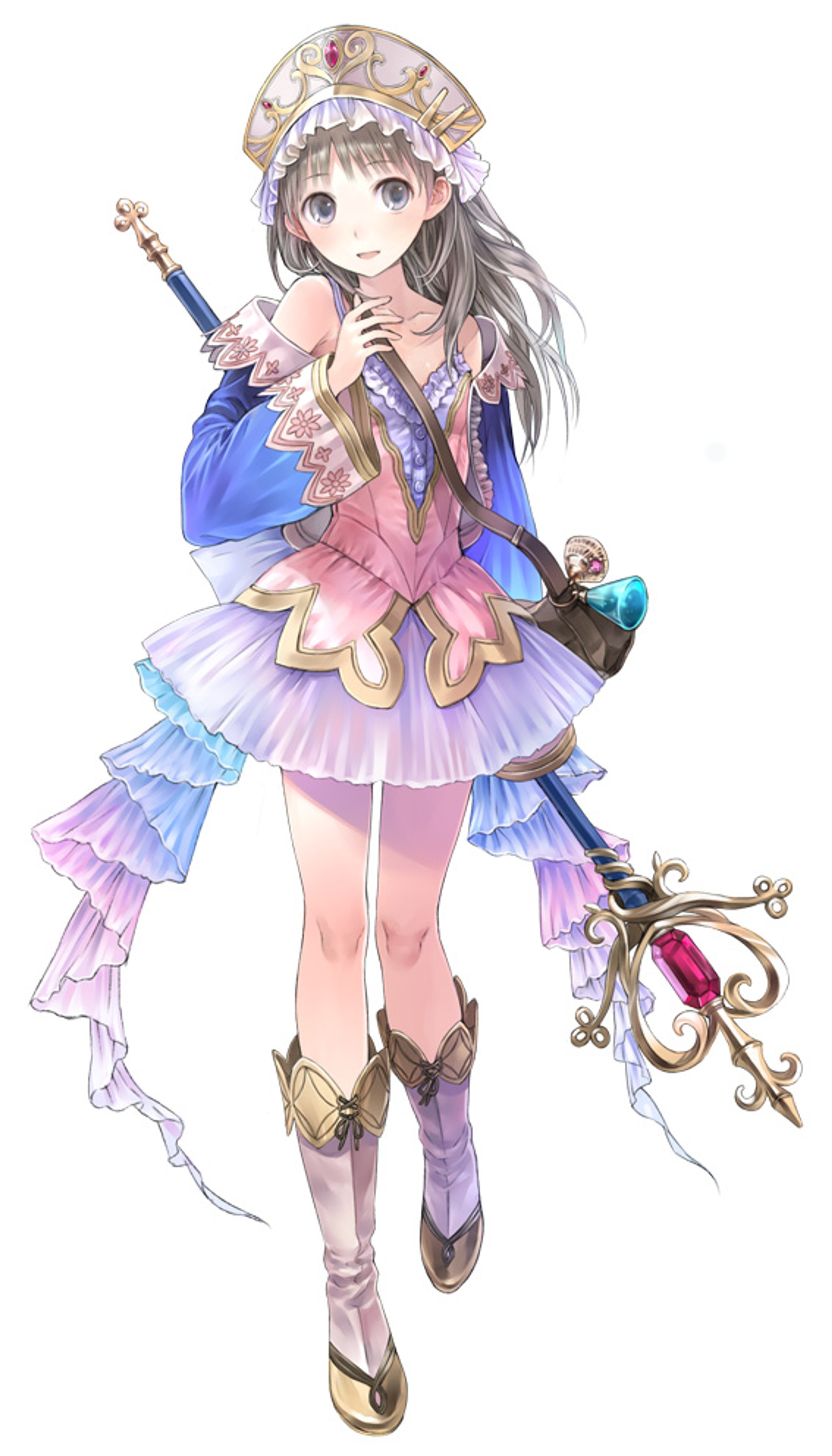 An anime-style illustration of a young woman in a colorful, frilly dress and hat holding a staff or wand.