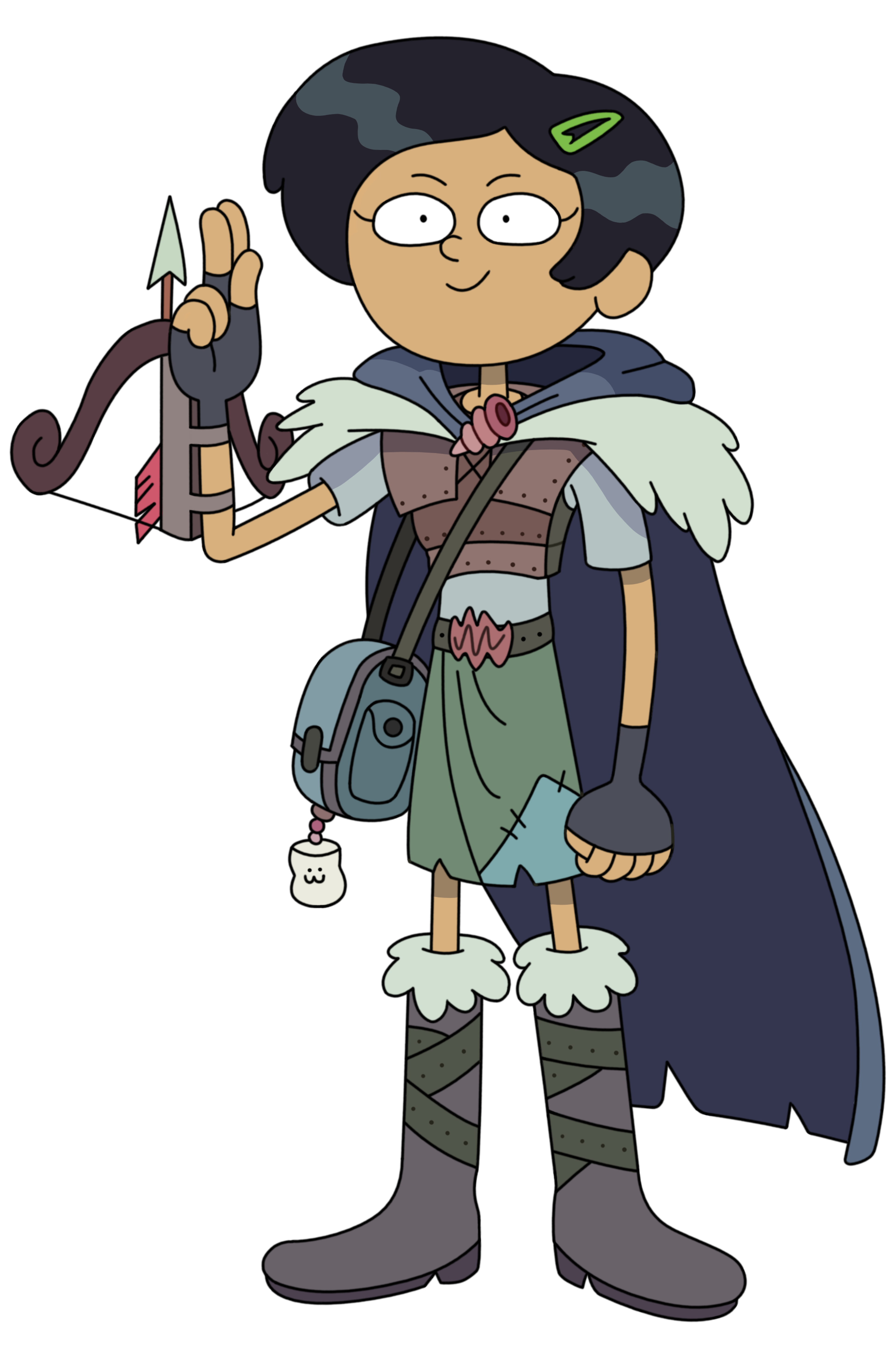 An animated character named Marcy Wu, a 14-year-old Taiwanese-American girl with short dark hair, large round glasses, and a green and brown outfit with a cape.