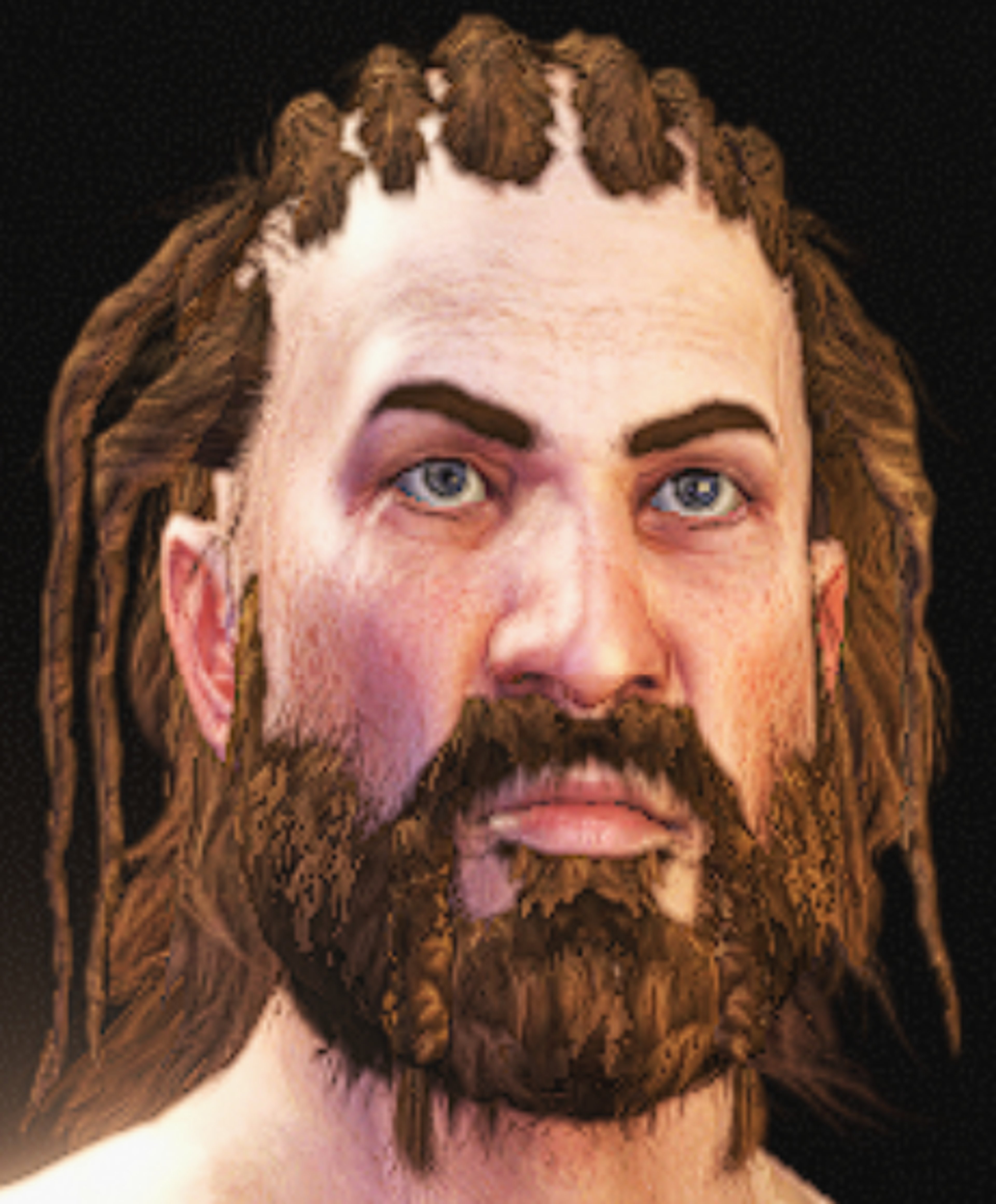 A man with long, curly brown hair and a beard wearing a fur-lined cloak or cape