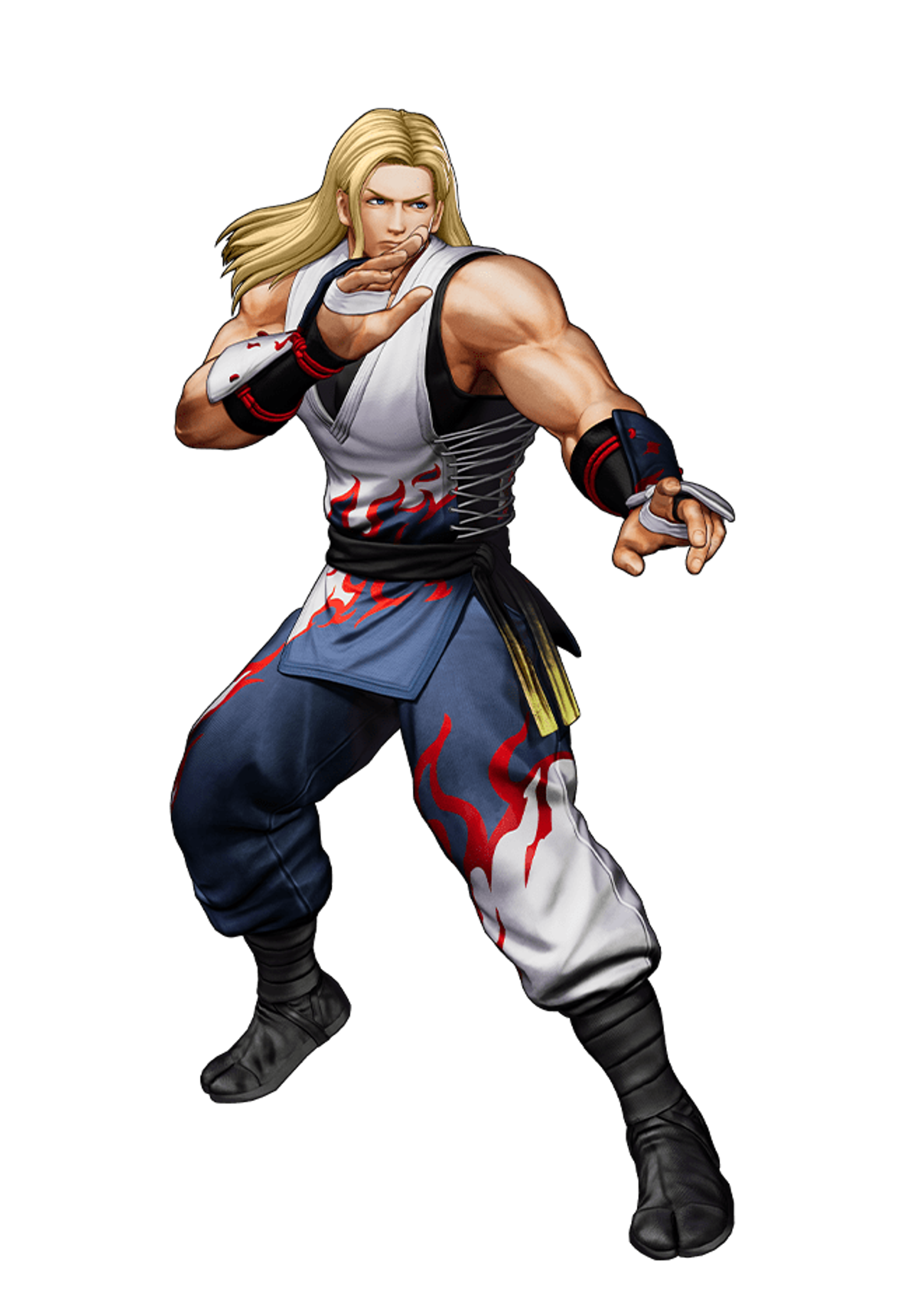 A muscular, blonde-haired male martial artist in a fighting stance