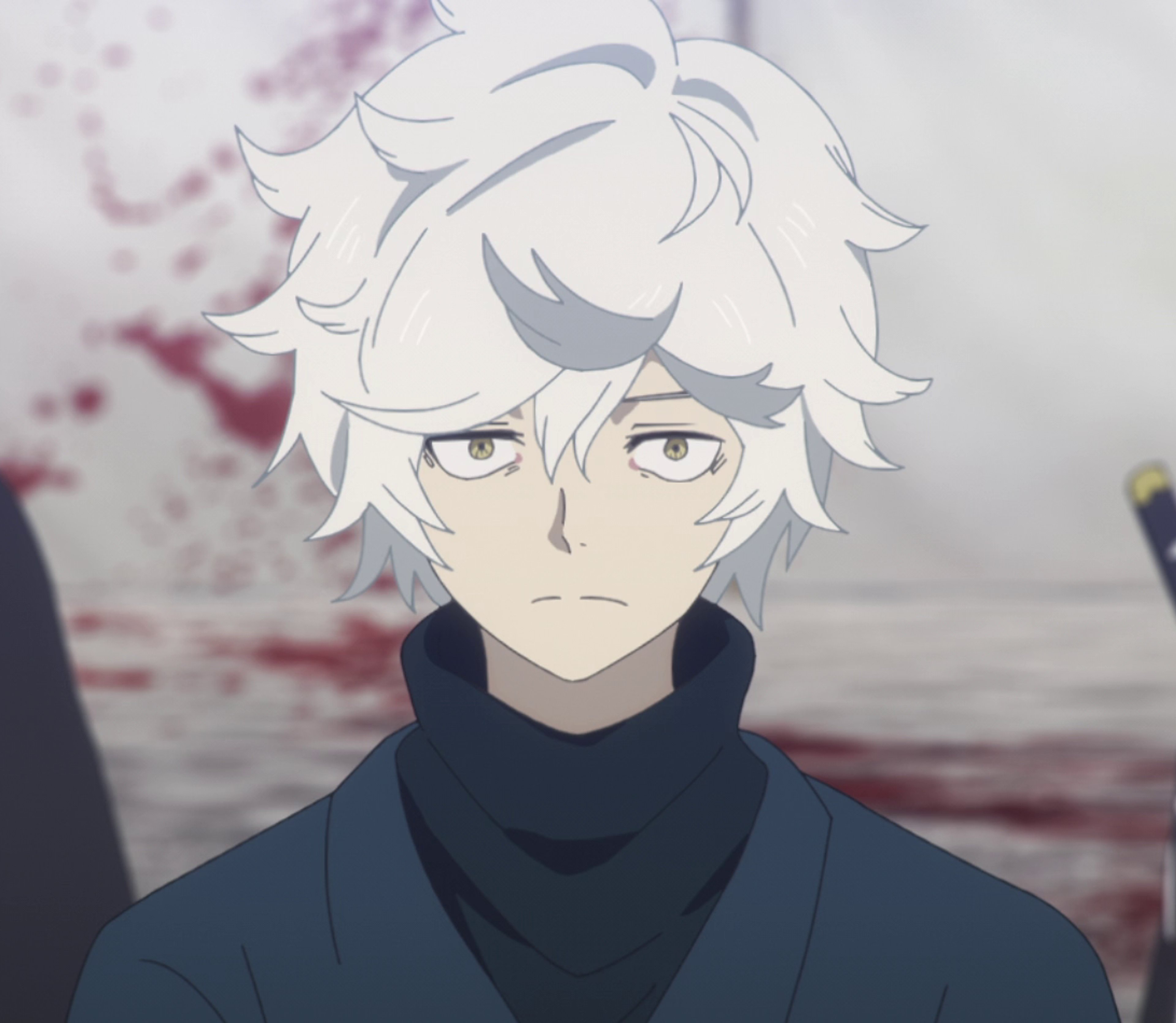 A young man with white hair and red eyes wearing a black outfit