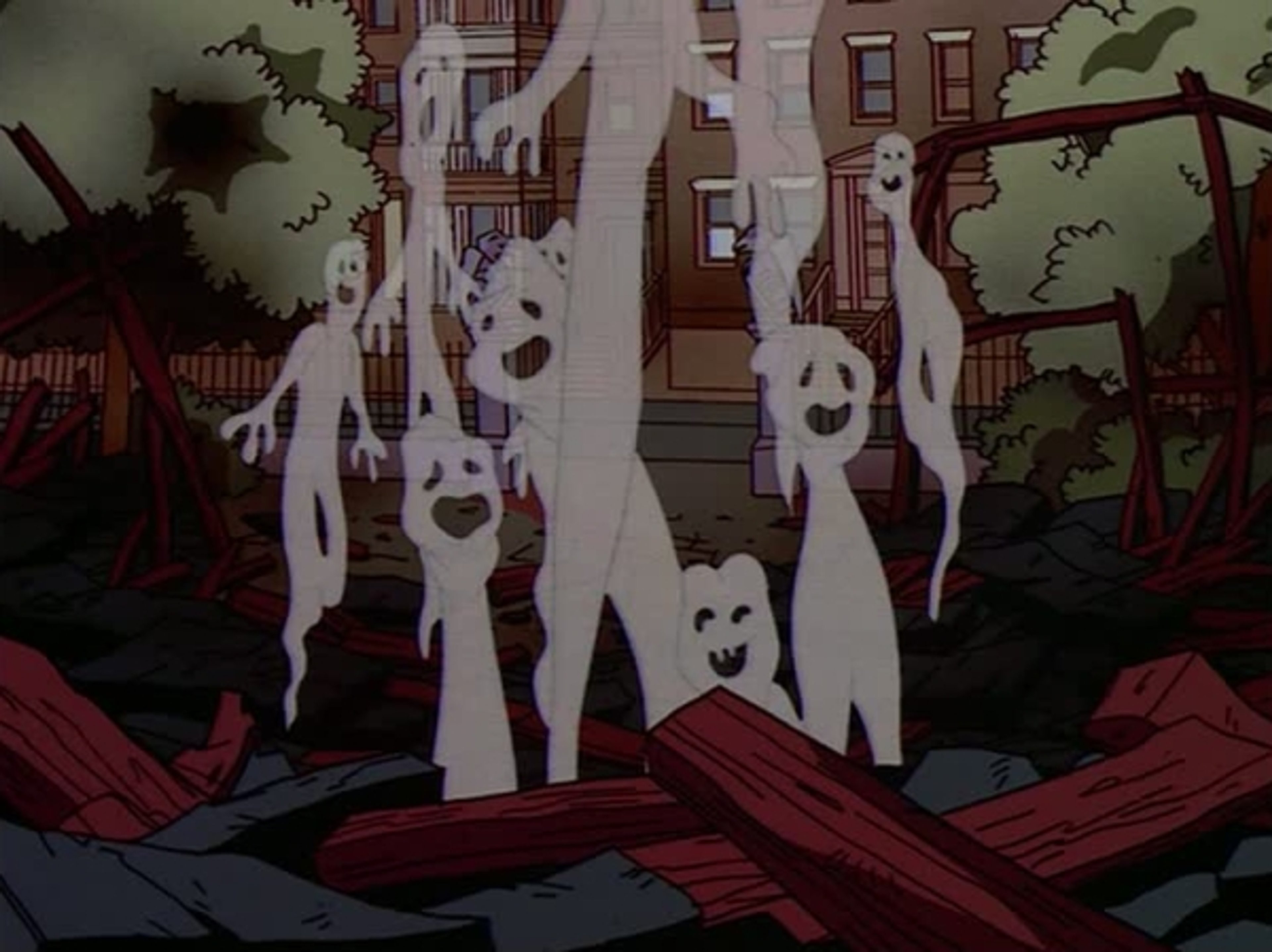 A group of ghostly, humanoid figures wearing French maid uniforms