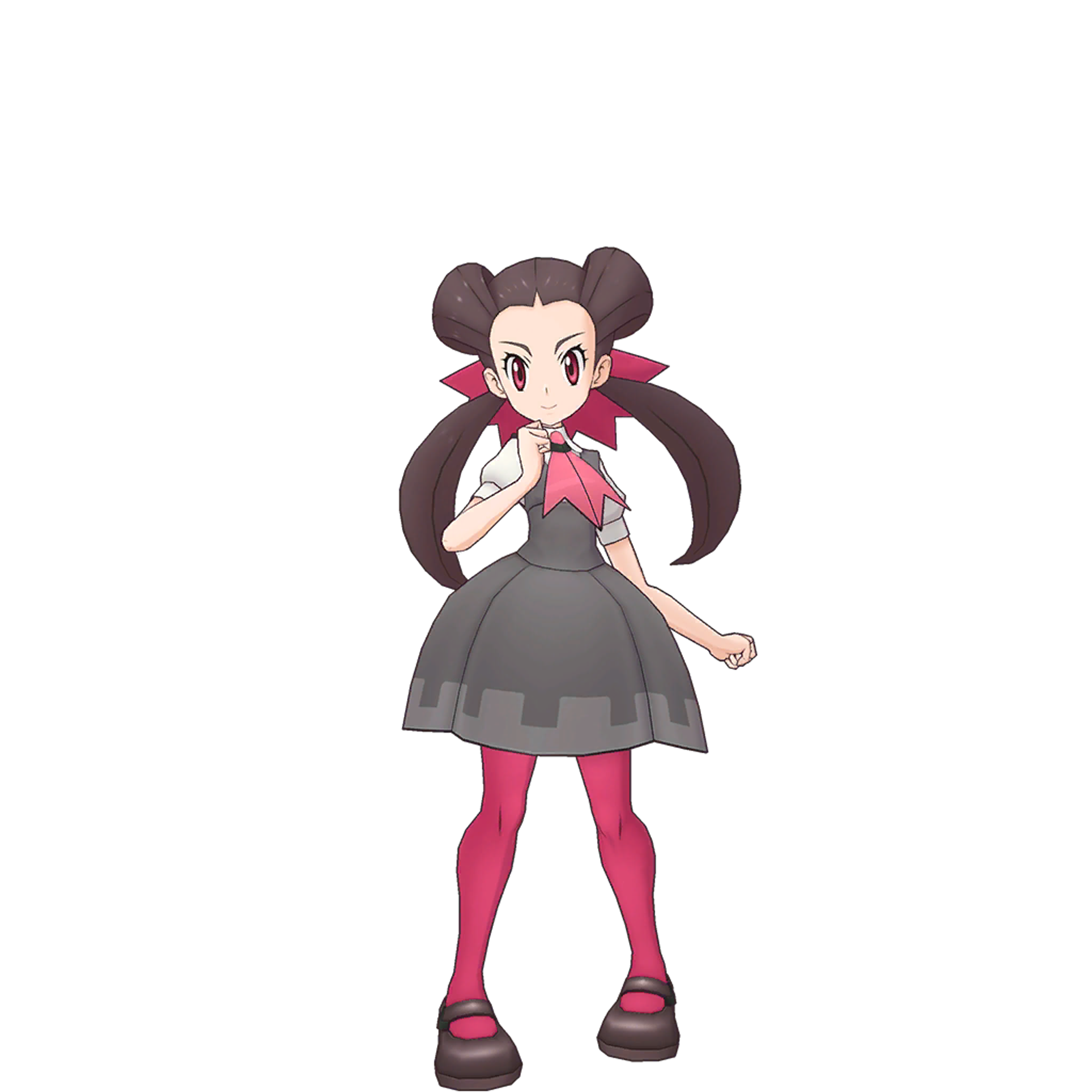 An anime-style character with long dark hair in twin buns, wearing a gray dress with a pink bow.