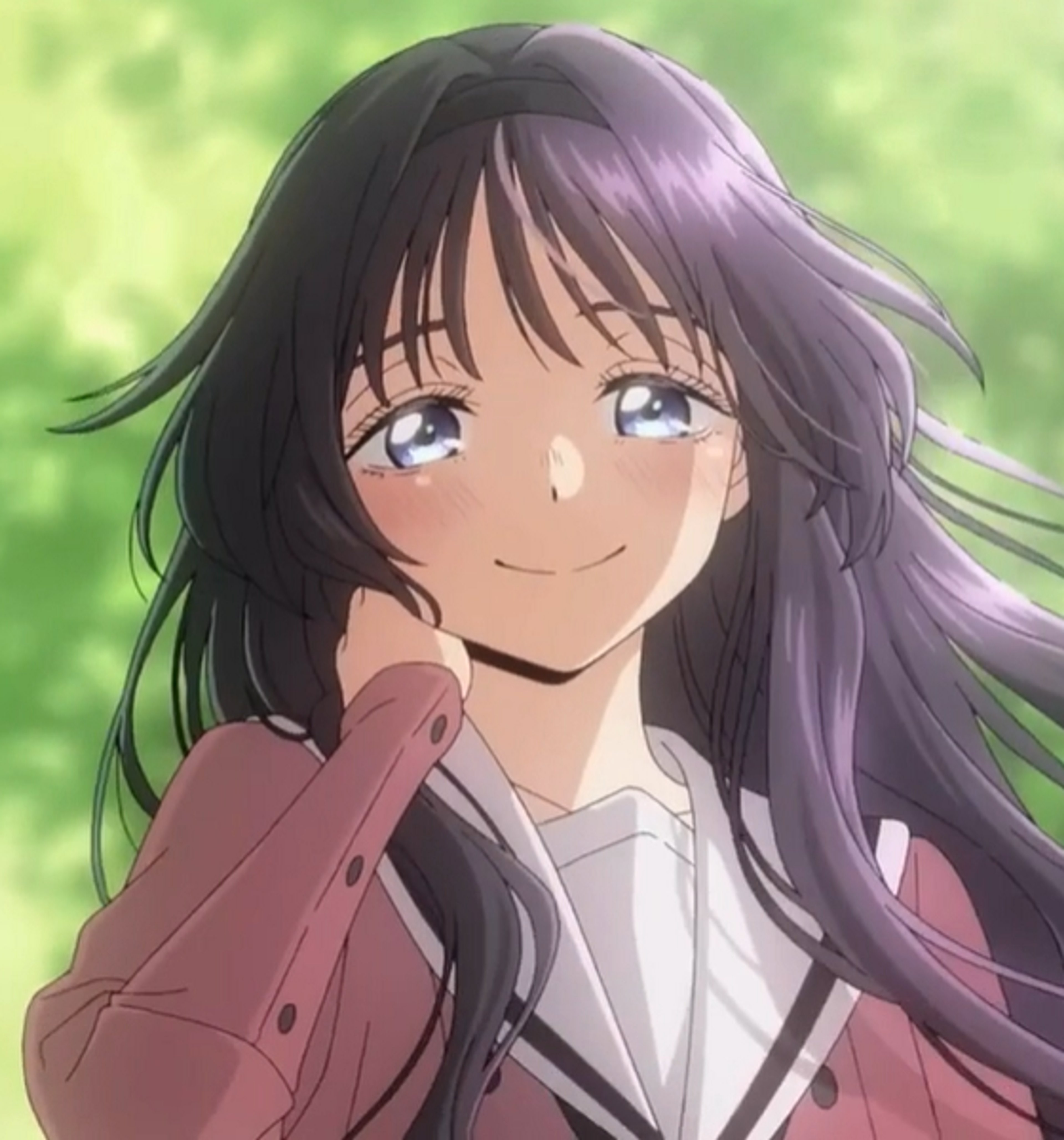 A young woman with long purple hair and blue eyes, wearing a white shirt with a red collar.