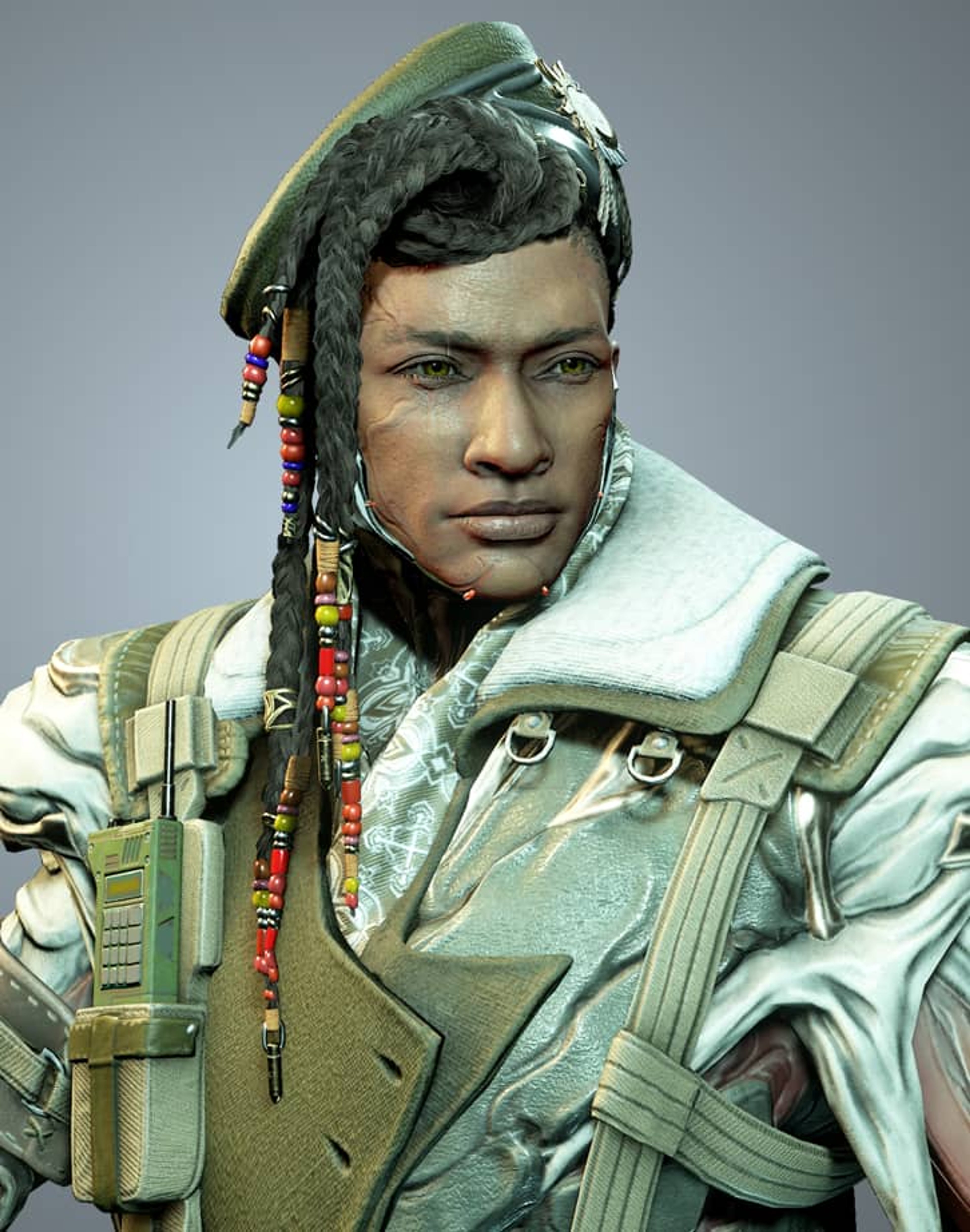 A man with a military-style appearance wearing a green tactical vest and beret