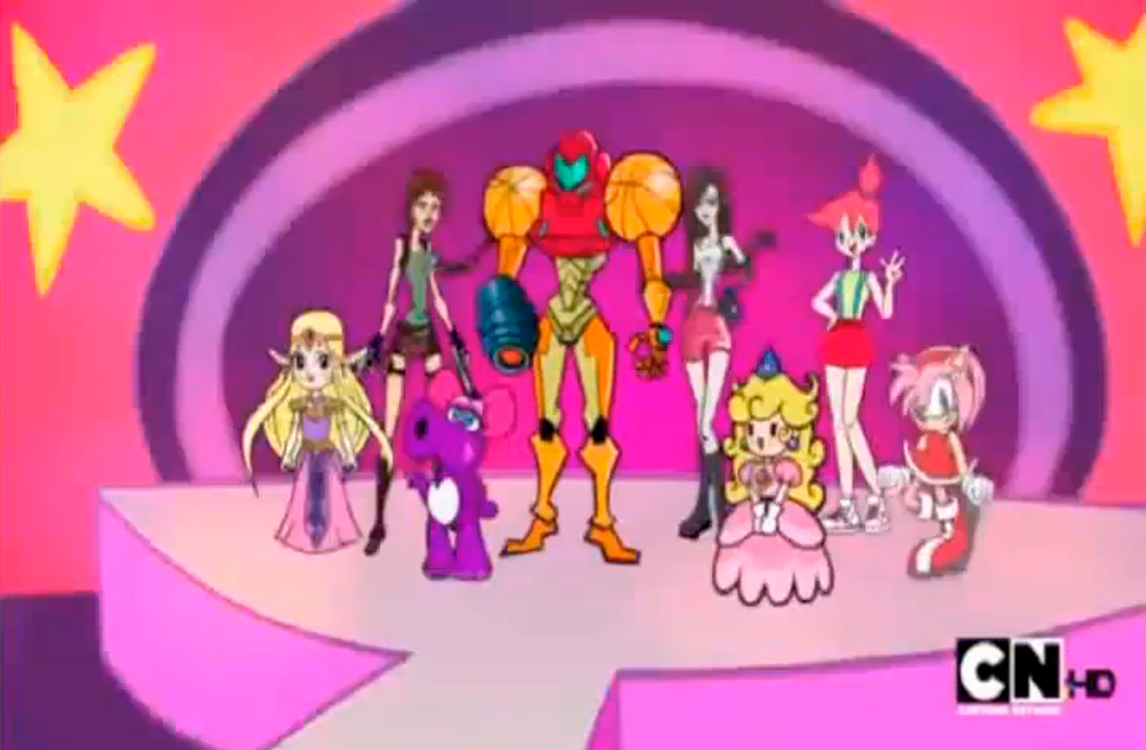 A group of cartoon-style characters, including a female character in a distinctive power suit, in a vibrant, colorful space-themed setting.