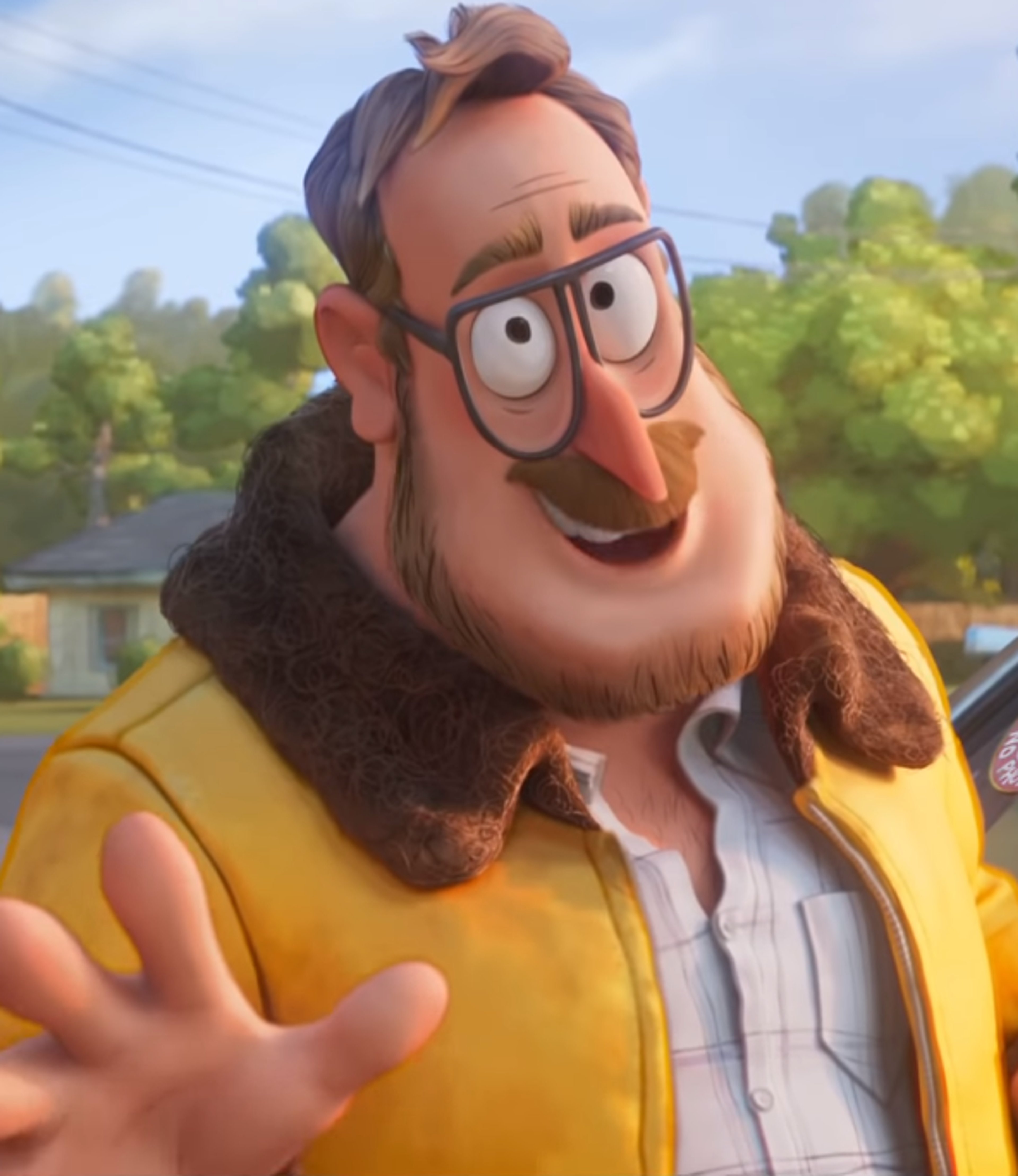 An animated character with a large beard, glasses, and a yellow jacket, with an exaggerated, cartoonish appearance.