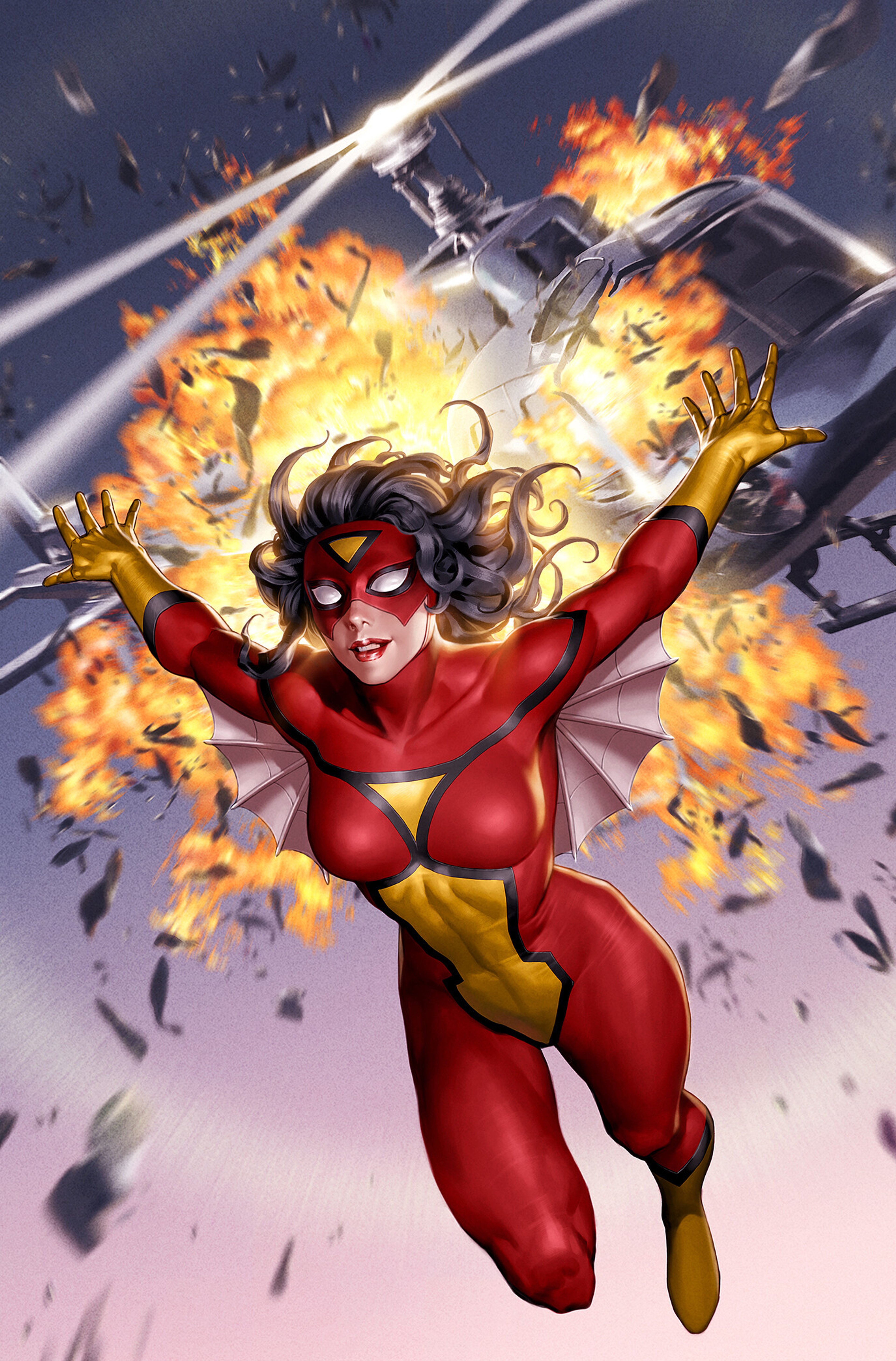 A female superhero character in a red and yellow costume surrounded by explosions