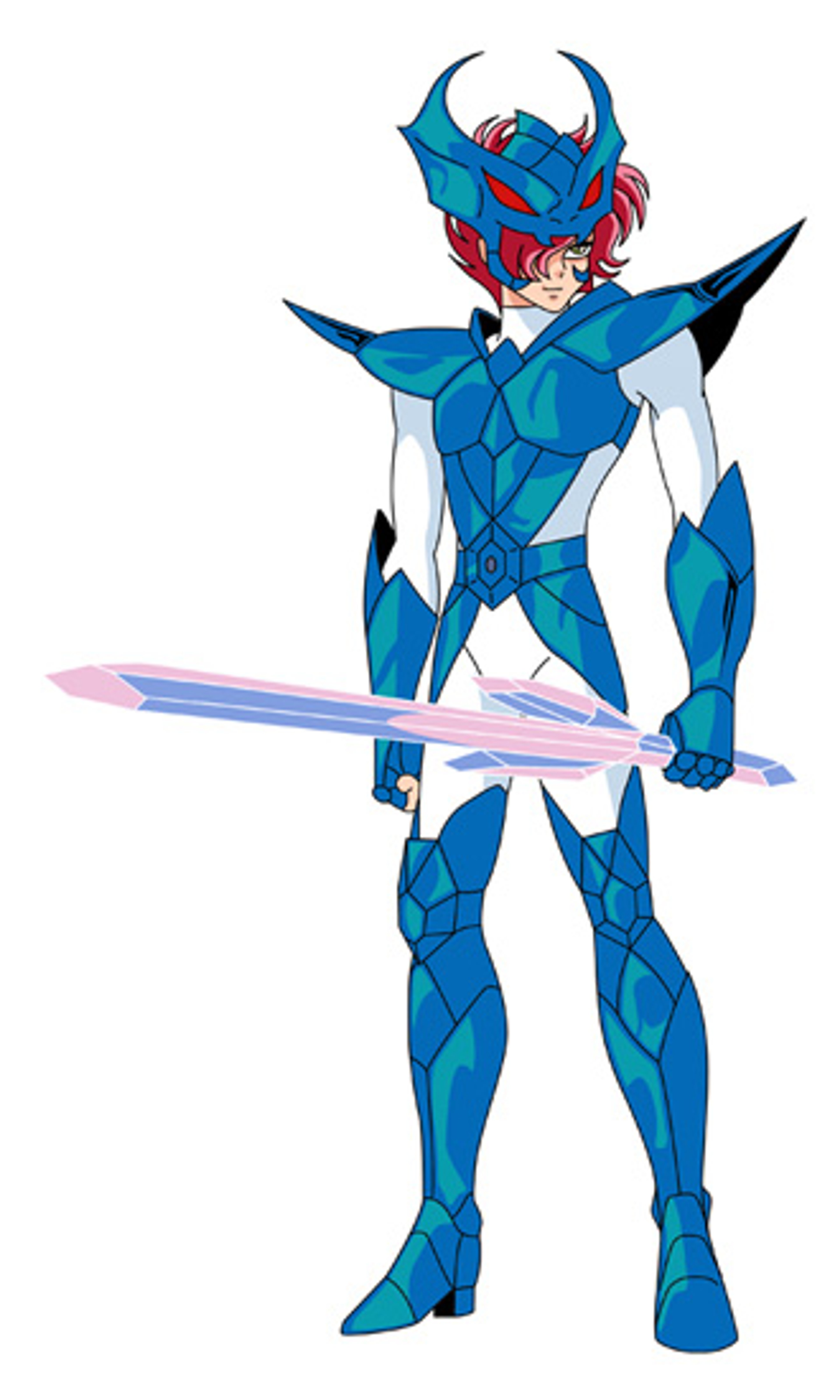 An anime-style male character in blue and red armor holding a sword