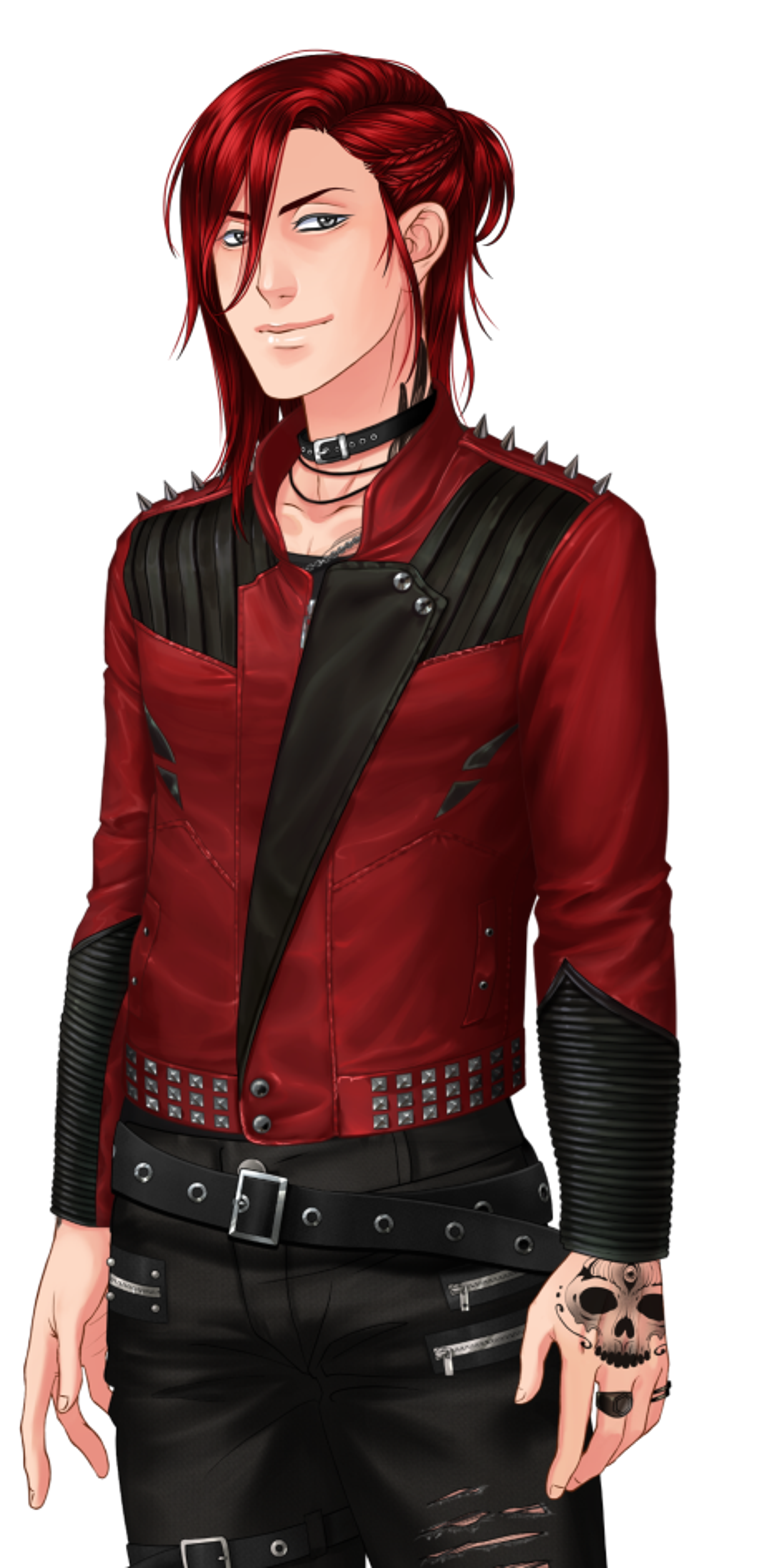 A young man with dyed red hair, wearing a black leather jacket and band t-shirt, covered in dark tattoos.