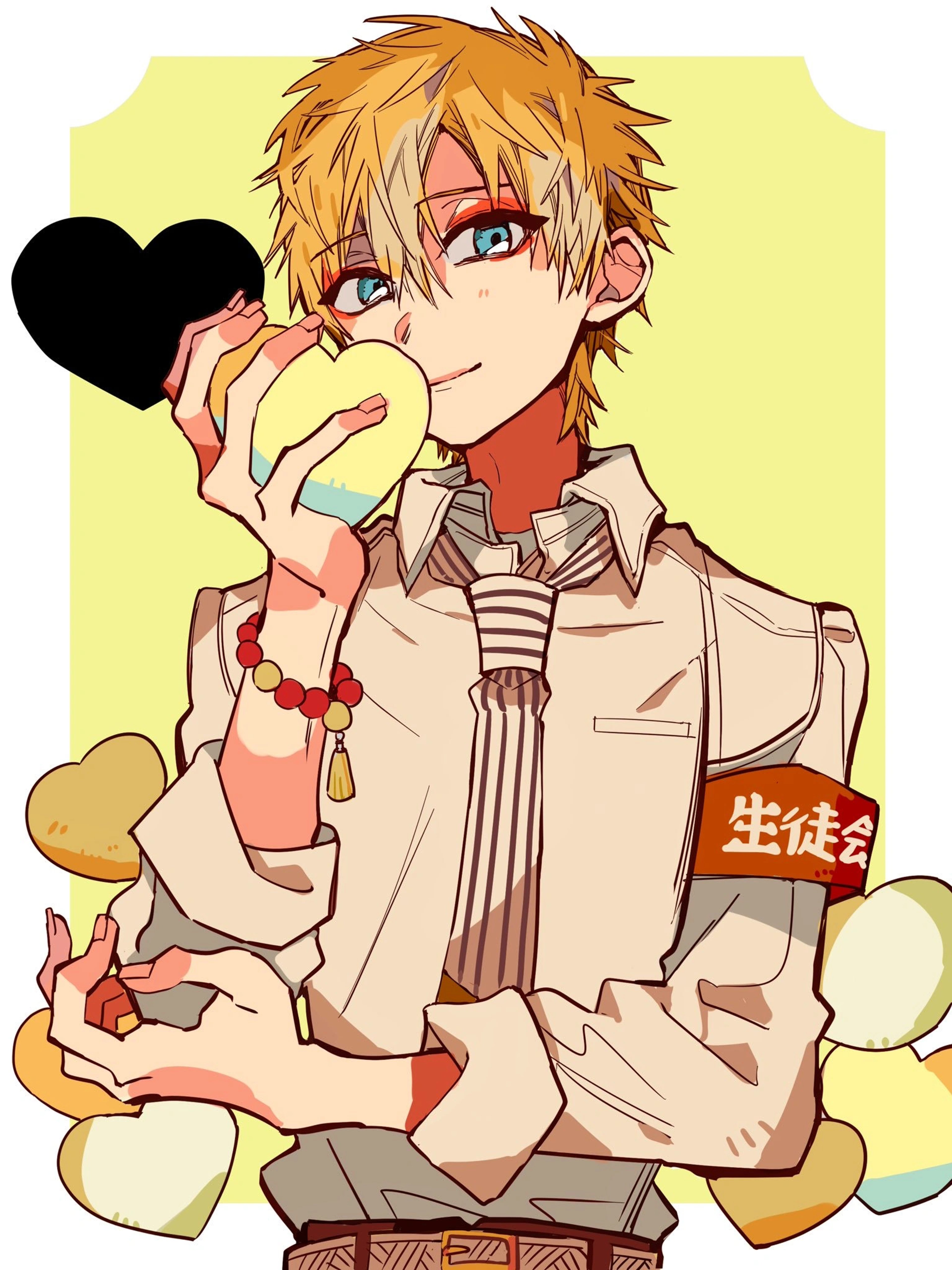 An anime-style character with orange hair and blue eyes wearing a tan uniform and holding a heart-shaped object.