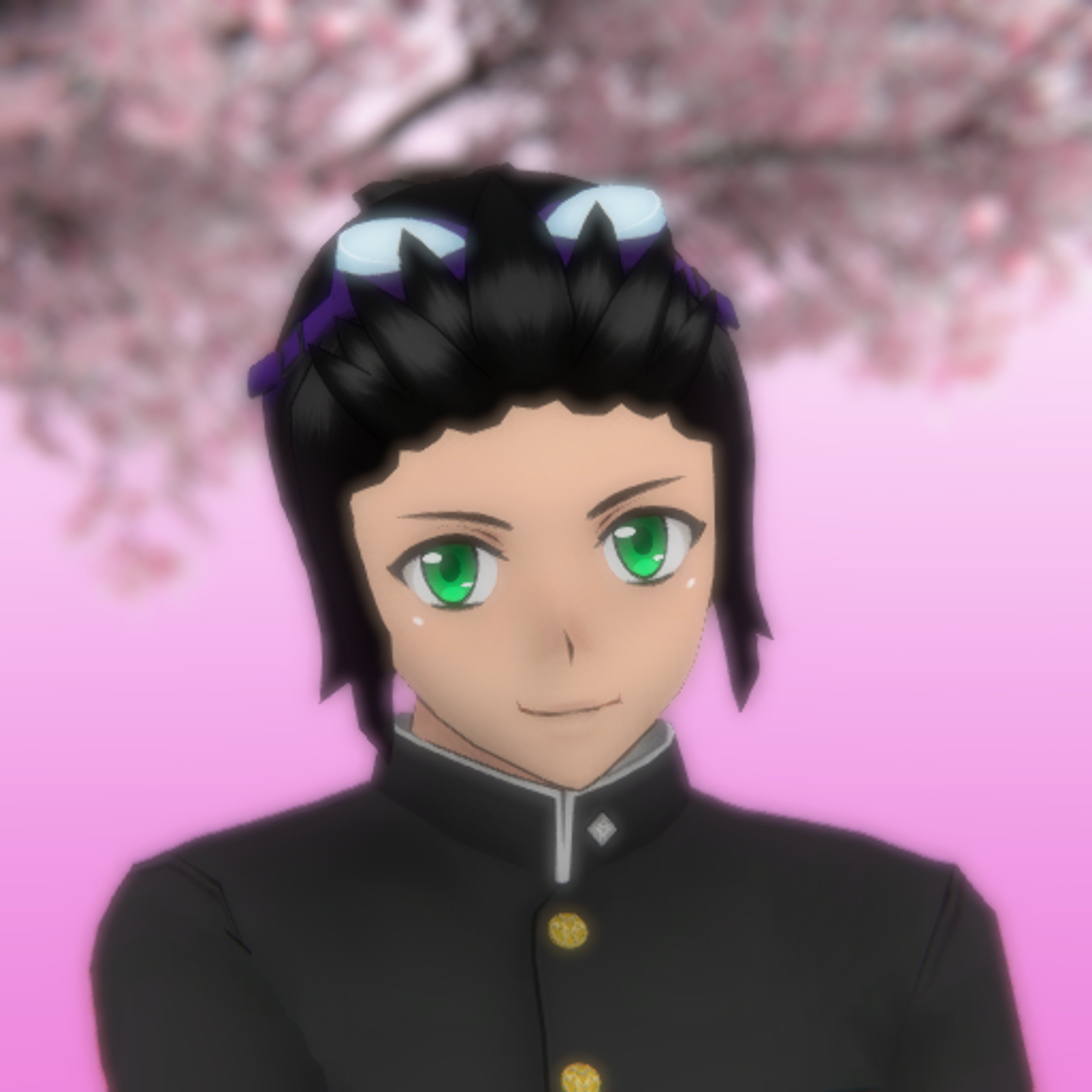 An anime-style character with messy black hair, lime green eyes, and wearing a school uniform with swimming goggles.