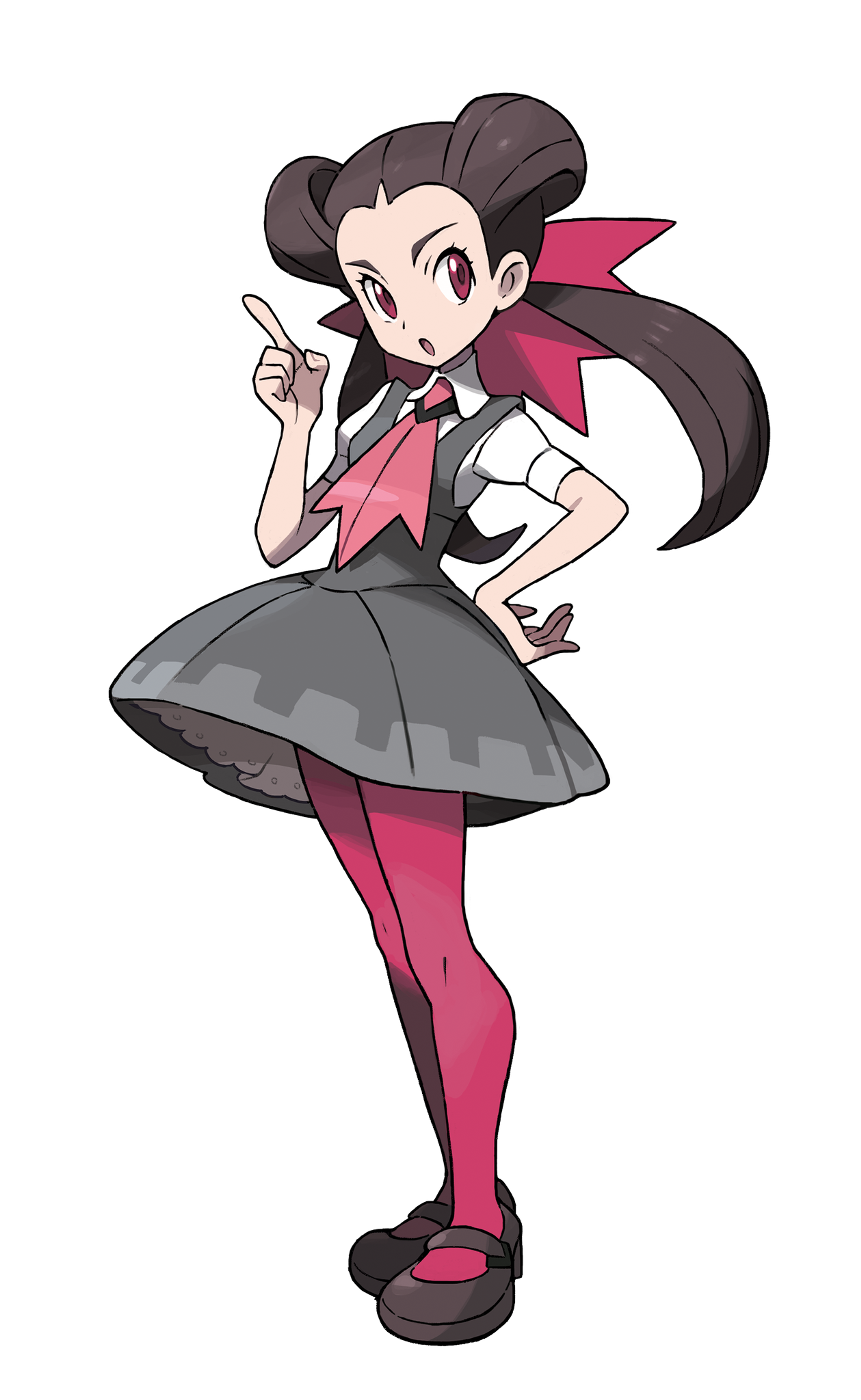 An anime-style character with long dark hair in pigtails, wearing a pink and gray outfit with a short skirt, posing confidently with her hands on her hips.