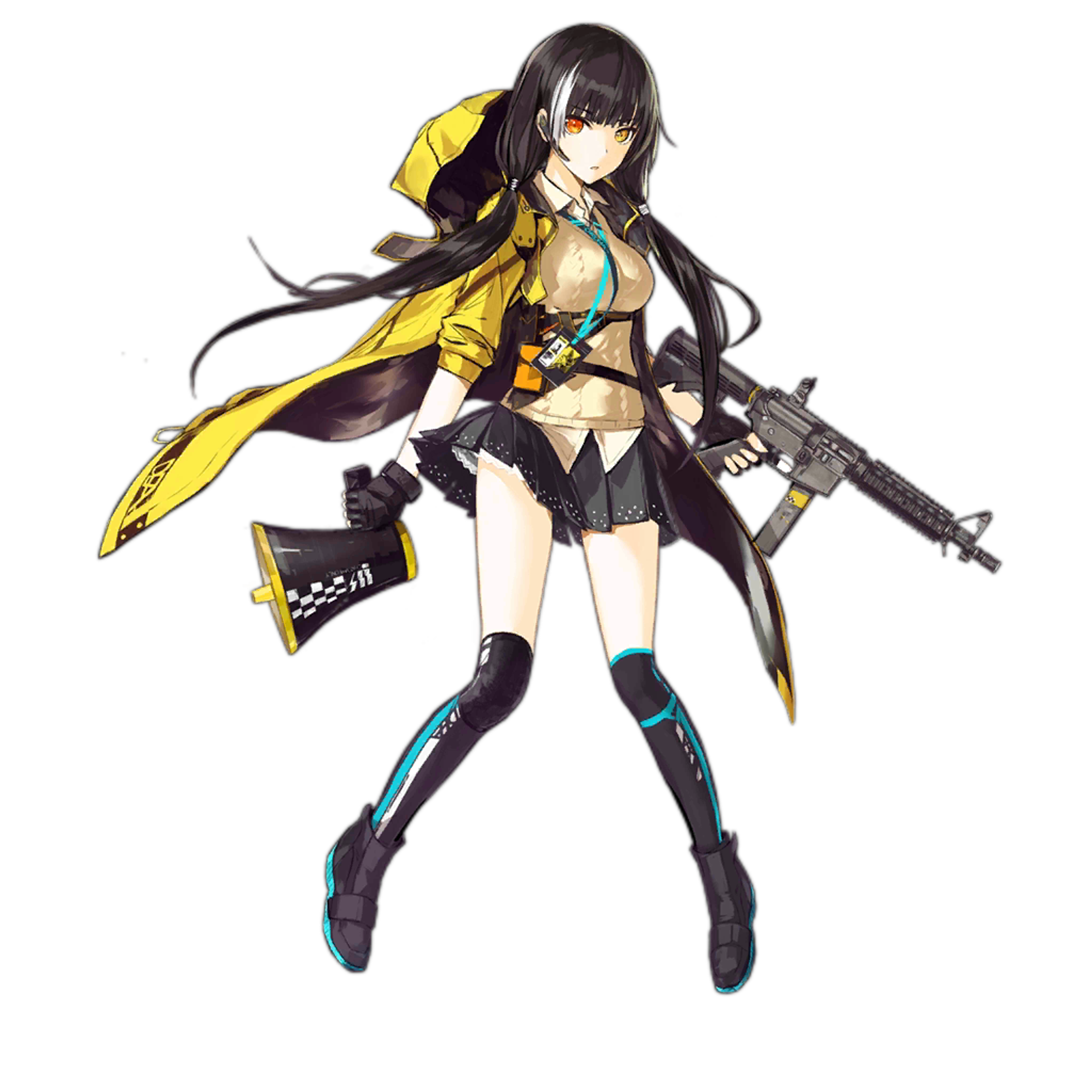 A female android character from the Girls' Frontline universe, holding a submachine gun and wearing a yellow and black outfit.