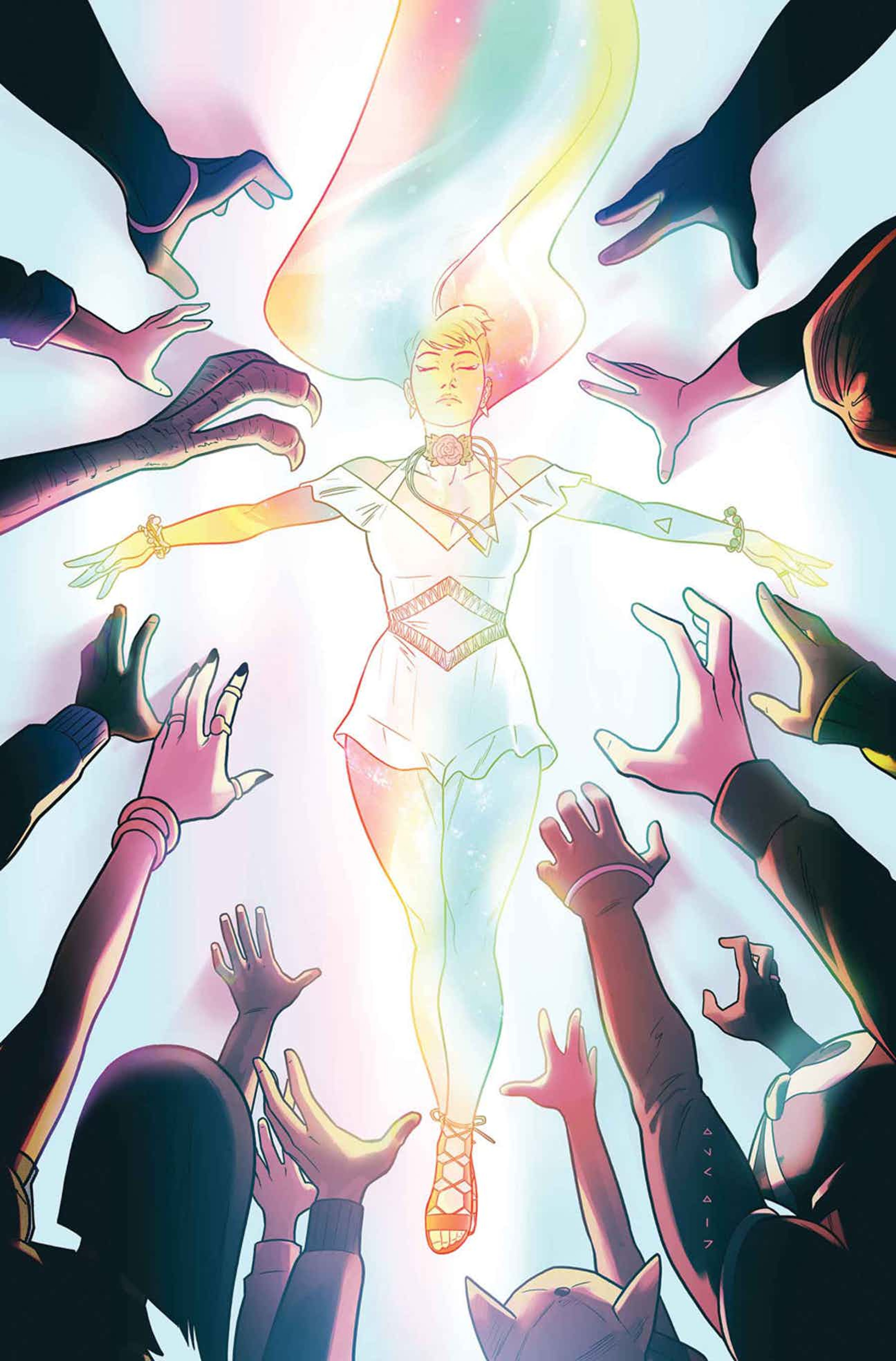 A female superhero character with glowing rainbow energy powers
