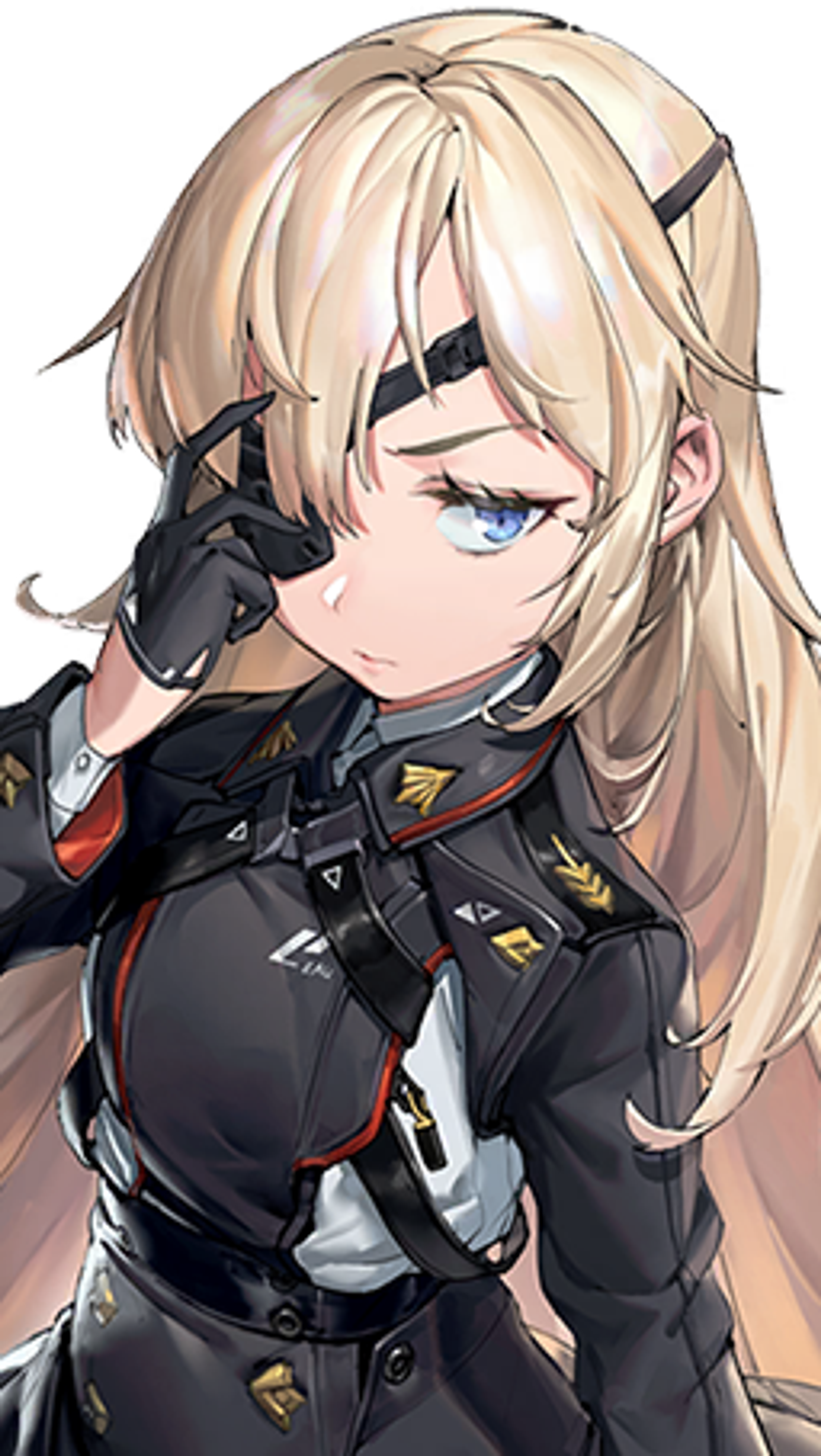 A female character in a black military uniform holding a large machine gun