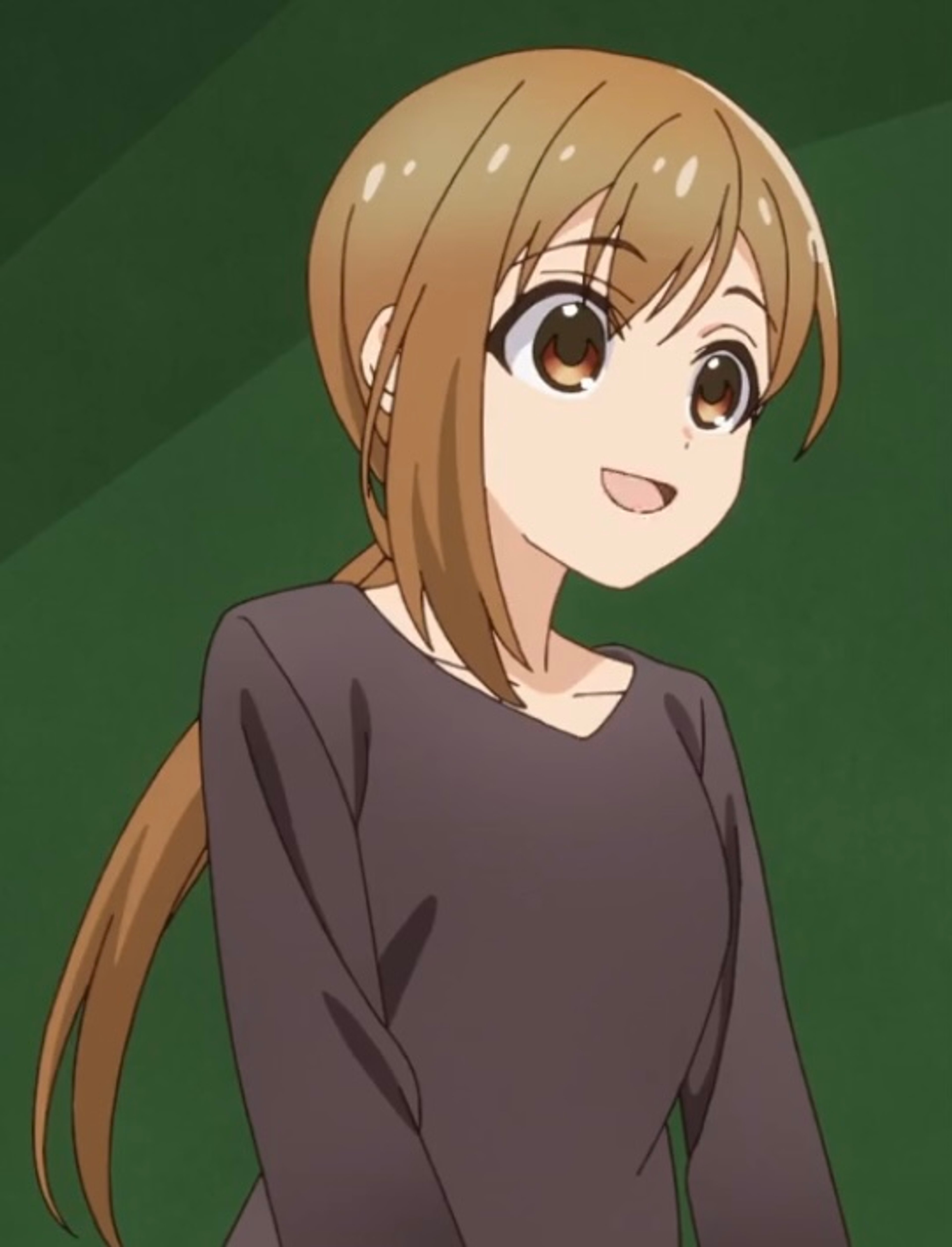 An anime-style character with long brown hair and a friendly expression, wearing a dark gray sweater.